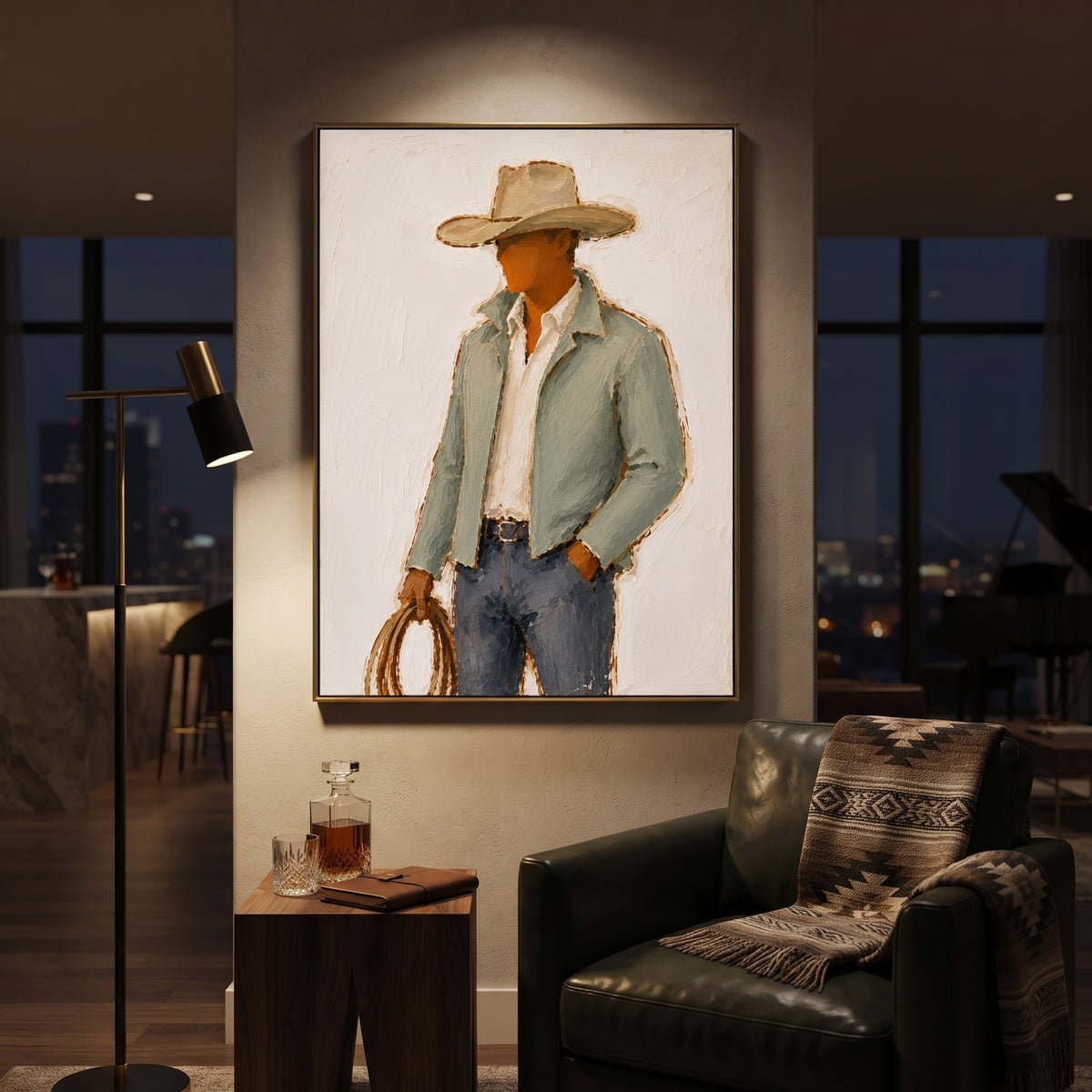 "Lasso Hand Cowboy Painting" focuses on atmosphere, surface movement, and sculptural heavy impasto craftsmanship rather than a fixed literal storyline. The composition uses this hand-painted vertical canvas depicts a side-turned cowboy holding a brown lasso, wearing a wide tan hat, pale green jacket, white shirt, and blue grey jeans as the visual anchor, while layered palette-knife paint, raised plaster-like texture, and softened brush movement create tactile depth across the canvas. Curated