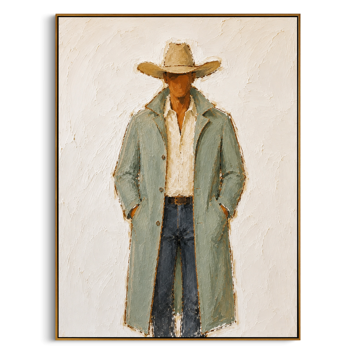 "Long Sage Coat Cowboy Painting" focuses on atmosphere, surface movement, and sculptural heavy impasto craftsmanship rather than a fixed literal storyline. The composition uses this hand-painted vertical canvas shows a cowboy in a long pale sage coat, cream open shirt, blue grey trousers, and broad tan hat as the visual anchor, while layered palette-knife paint, raised plaster-like texture, and softened brush movement create tactile depth across the canvas. Curated with a balanced green, beige