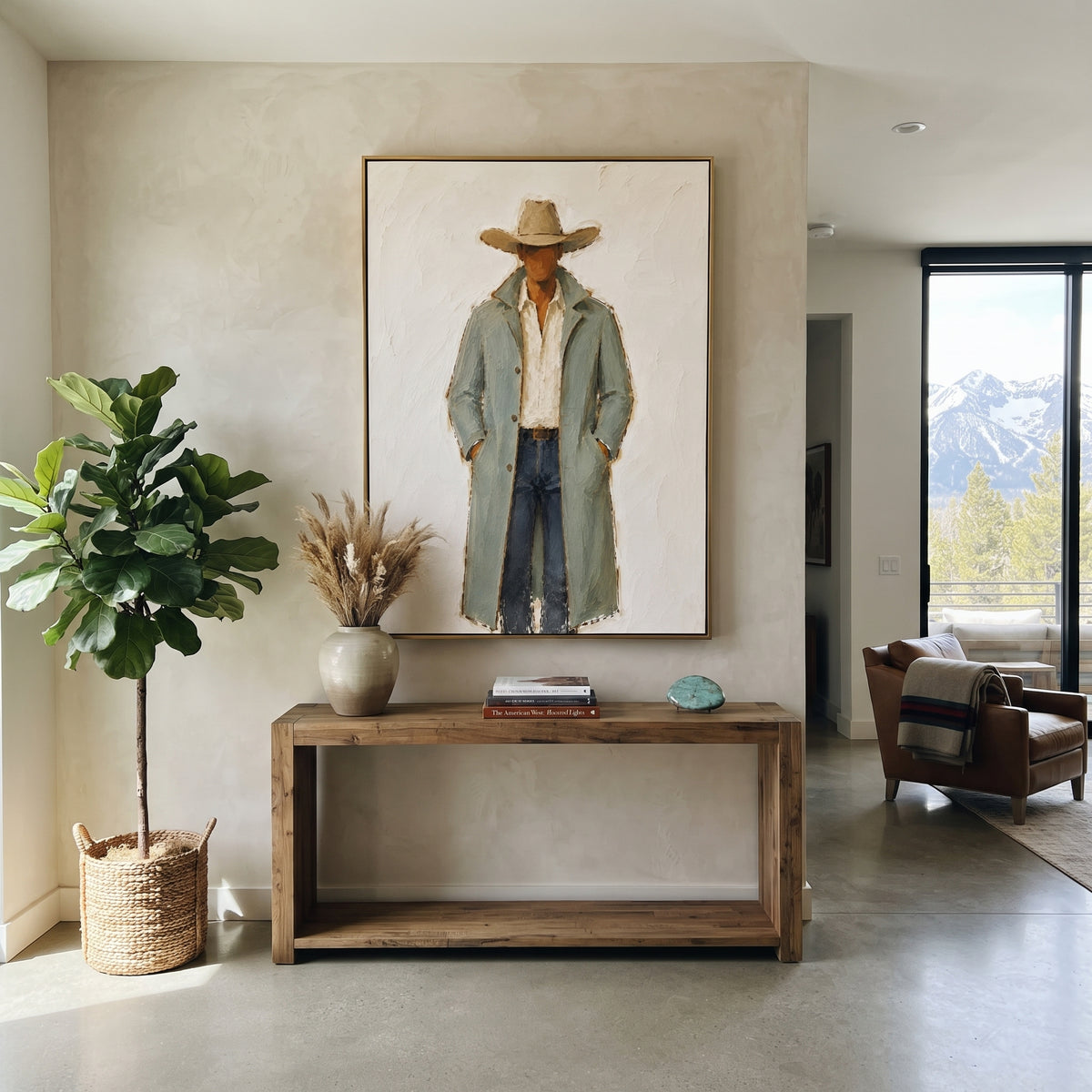 "Long Sage Coat Cowboy Painting" focuses on atmosphere, surface movement, and sculptural heavy impasto craftsmanship rather than a fixed literal storyline. The composition uses this hand-painted vertical canvas shows a cowboy in a long pale sage coat, cream open shirt, blue grey trousers, and broad tan hat as the visual anchor, while layered palette-knife paint, raised plaster-like texture, and softened brush movement create tactile depth across the canvas. Curated with a balanced green, beige