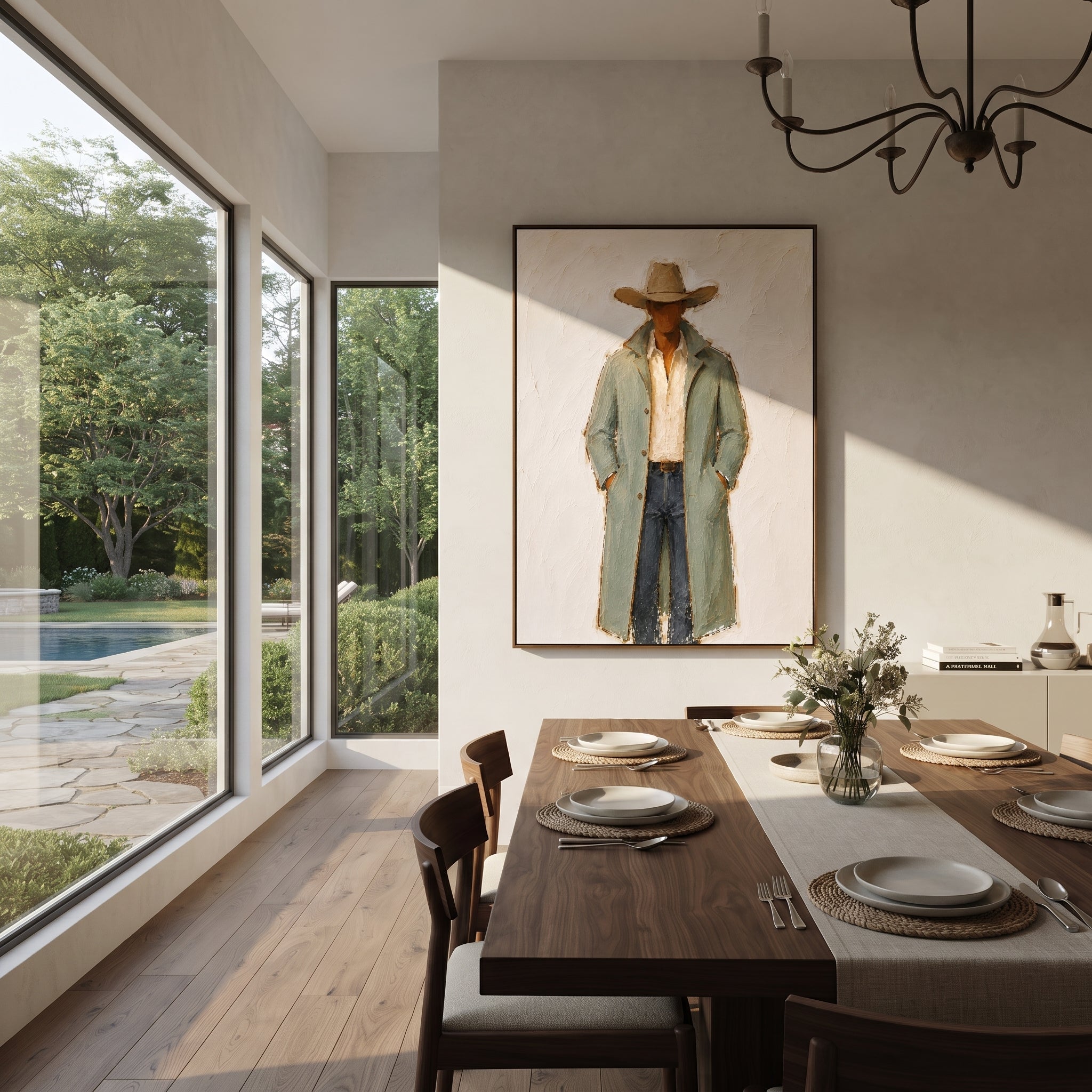 "Long Sage Coat Cowboy Painting" focuses on atmosphere, surface movement, and sculptural heavy impasto craftsmanship rather than a fixed literal storyline. The composition uses this hand-painted vertical canvas shows a cowboy in a long pale sage coat, cream open shirt, blue grey trousers, and broad tan hat as the visual anchor, while layered palette-knife paint, raised plaster-like texture, and softened brush movement create tactile depth across the canvas. Curated with a balanced green, beige