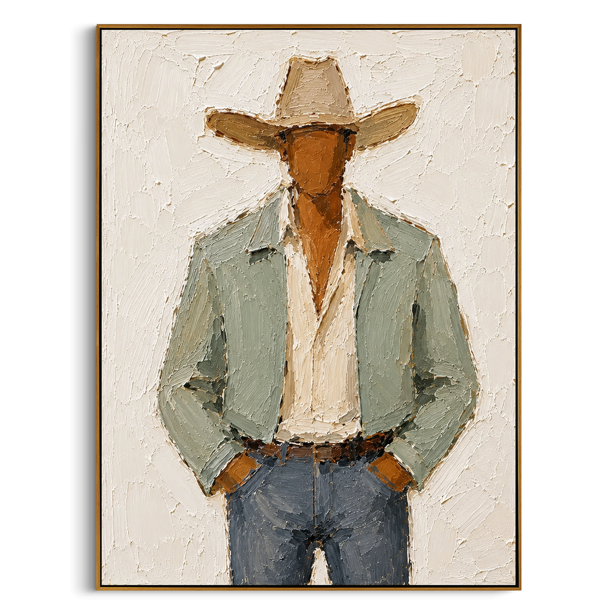 "Hands In Pockets Cowboy Painting" focuses on atmosphere, surface movement, and sculptural heavy impasto craftsmanship rather than a fixed literal storyline. The composition uses this hand-painted vertical canvas features a faceless cowboy with both hands tucked into his pockets, wearing a wide beige hat, pale sage jacket, cream shirt, and blue grey denim as the visual anchor, while layered palette-knife paint, raised plaster-like texture, and softened brush movement create tactile depth across
