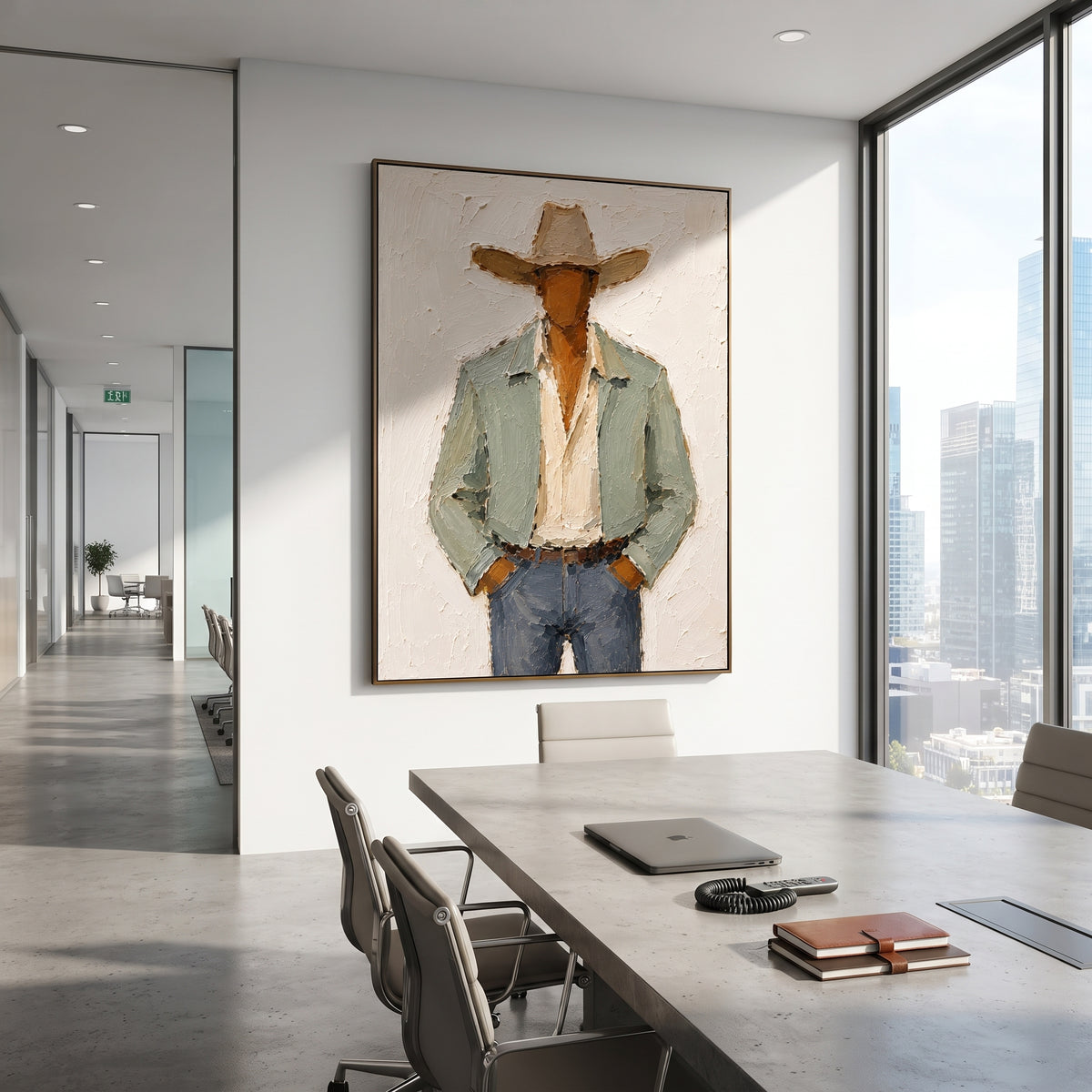 "Hands In Pockets Cowboy Painting" focuses on atmosphere, surface movement, and sculptural heavy impasto craftsmanship rather than a fixed literal storyline. The composition uses this hand-painted vertical canvas features a faceless cowboy with both hands tucked into his pockets, wearing a wide beige hat, pale sage jacket, cream shirt, and blue grey denim as the visual anchor, while layered palette-knife paint, raised plaster-like texture, and softened brush movement create tactile depth across