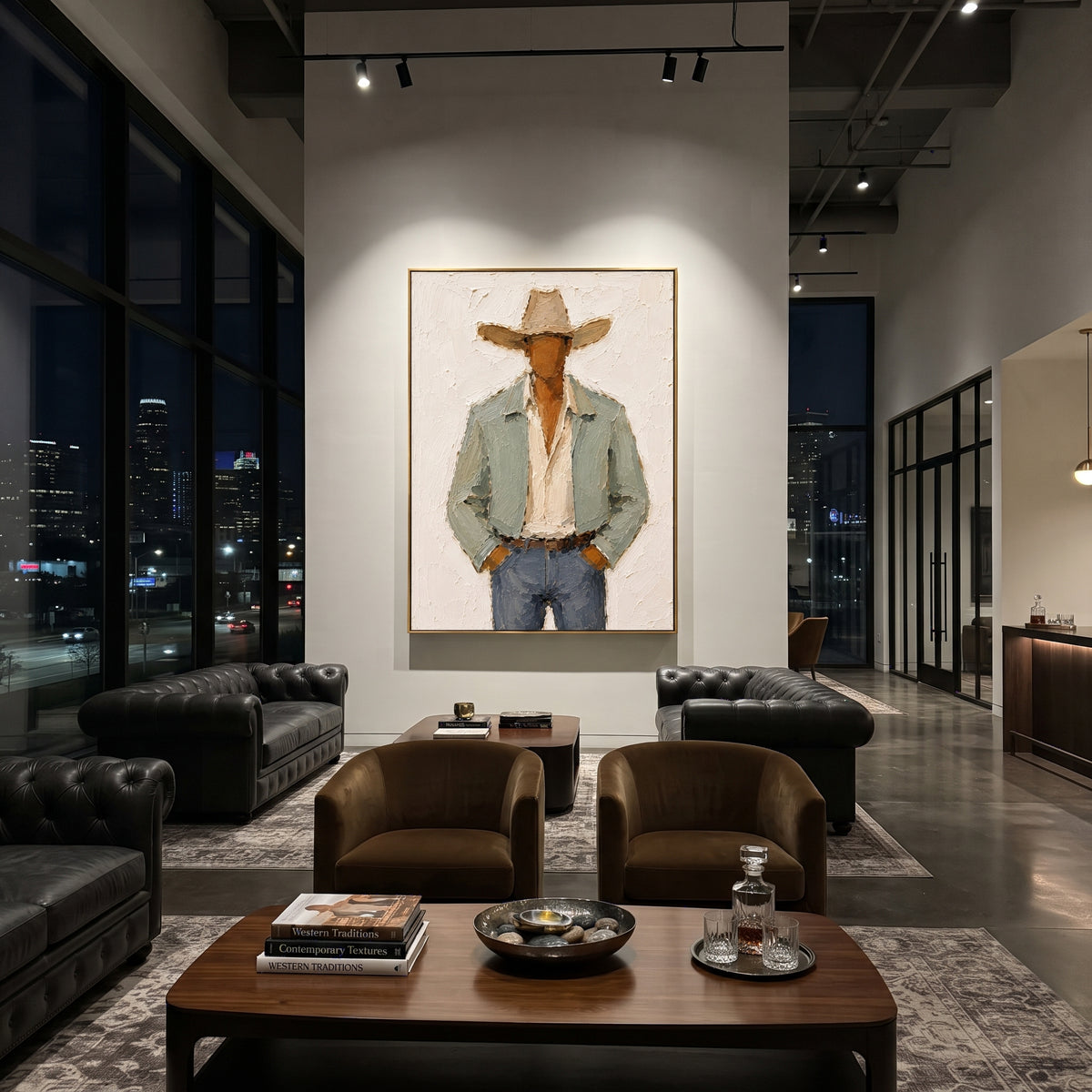"Hands In Pockets Cowboy Painting" focuses on atmosphere, surface movement, and sculptural heavy impasto craftsmanship rather than a fixed literal storyline. The composition uses this hand-painted vertical canvas features a faceless cowboy with both hands tucked into his pockets, wearing a wide beige hat, pale sage jacket, cream shirt, and blue grey denim as the visual anchor, while layered palette-knife paint, raised plaster-like texture, and softened brush movement create tactile depth across