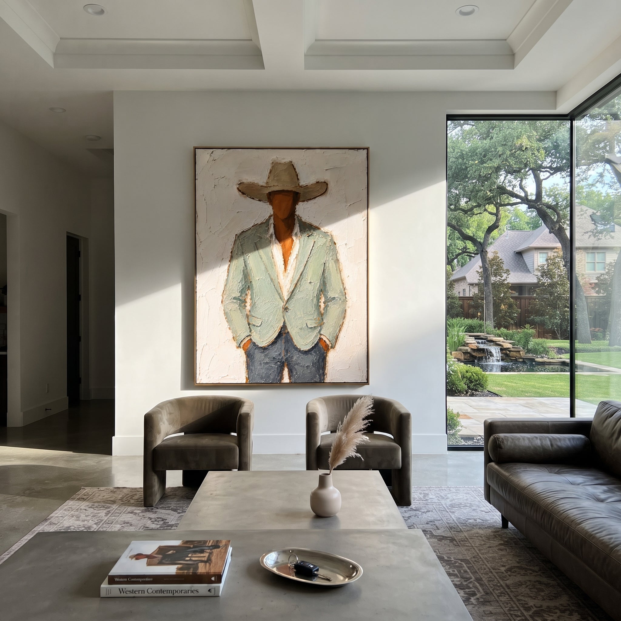 "Buttoned Sage Cowboy Painting" focuses on atmosphere, surface movement, and sculptural heavy impasto craftsmanship rather than a fixed literal storyline. The composition uses this hand-painted vertical canvas presents a centered cowboy in a buttoned pale sage blazer, cream shirt, tan hat, and muted blue trousers as the visual anchor, while layered palette-knife paint, raised plaster-like texture, and softened brush movement create tactile depth across the canvas. Curated with a balanced green