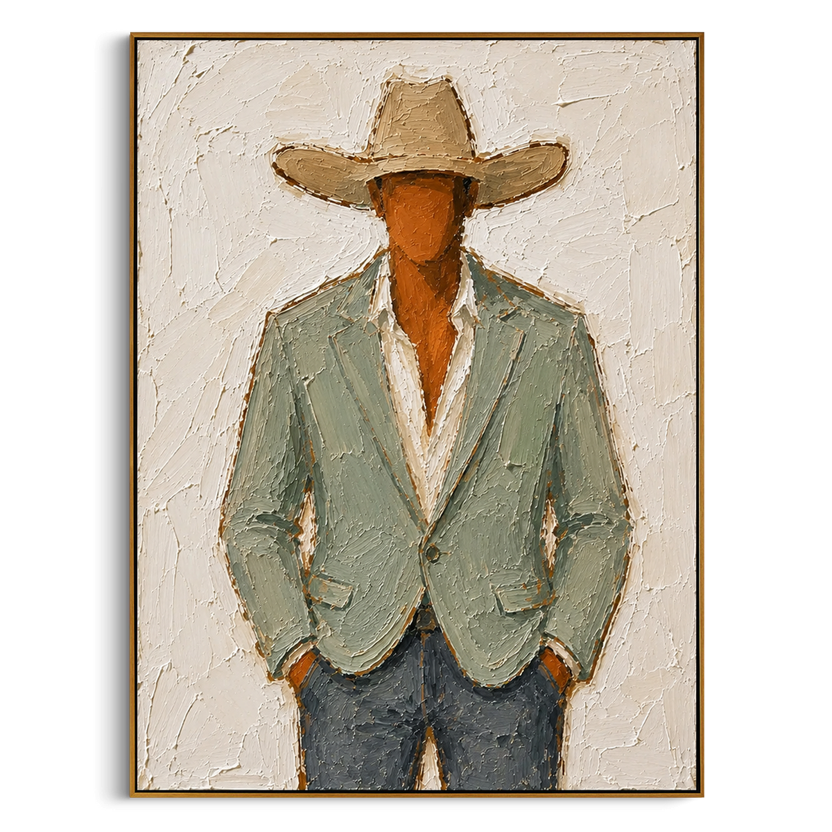"Buttoned Sage Cowboy Painting" focuses on atmosphere, surface movement, and sculptural heavy impasto craftsmanship rather than a fixed literal storyline. The composition uses this hand-painted vertical canvas presents a centered cowboy in a buttoned pale sage blazer, cream shirt, tan hat, and muted blue trousers as the visual anchor, while layered palette-knife paint, raised plaster-like texture, and softened brush movement create tactile depth across the canvas. Curated with a balanced green