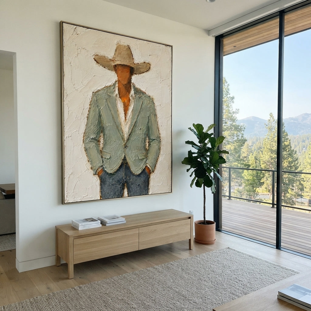 "Buttoned Sage Cowboy Painting" focuses on atmosphere, surface movement, and sculptural heavy impasto craftsmanship rather than a fixed literal storyline. The composition uses this hand-painted vertical canvas presents a centered cowboy in a buttoned pale sage blazer, cream shirt, tan hat, and muted blue trousers as the visual anchor, while layered palette-knife paint, raised plaster-like texture, and softened brush movement create tactile depth across the canvas. Curated with a balanced green