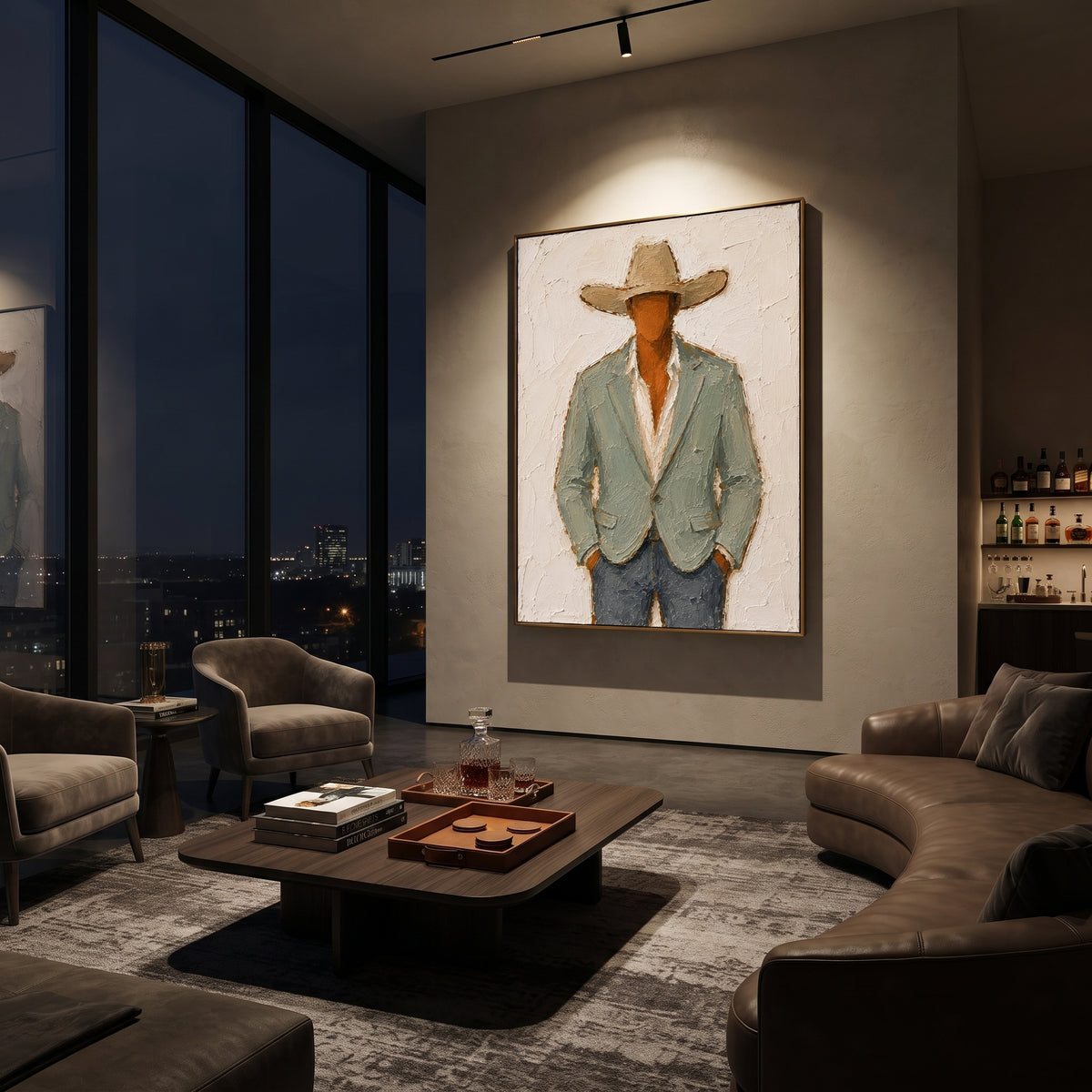 "Buttoned Sage Cowboy Painting" focuses on atmosphere, surface movement, and sculptural heavy impasto craftsmanship rather than a fixed literal storyline. The composition uses this hand-painted vertical canvas presents a centered cowboy in a buttoned pale sage blazer, cream shirt, tan hat, and muted blue trousers as the visual anchor, while layered palette-knife paint, raised plaster-like texture, and softened brush movement create tactile depth across the canvas. Curated with a balanced green