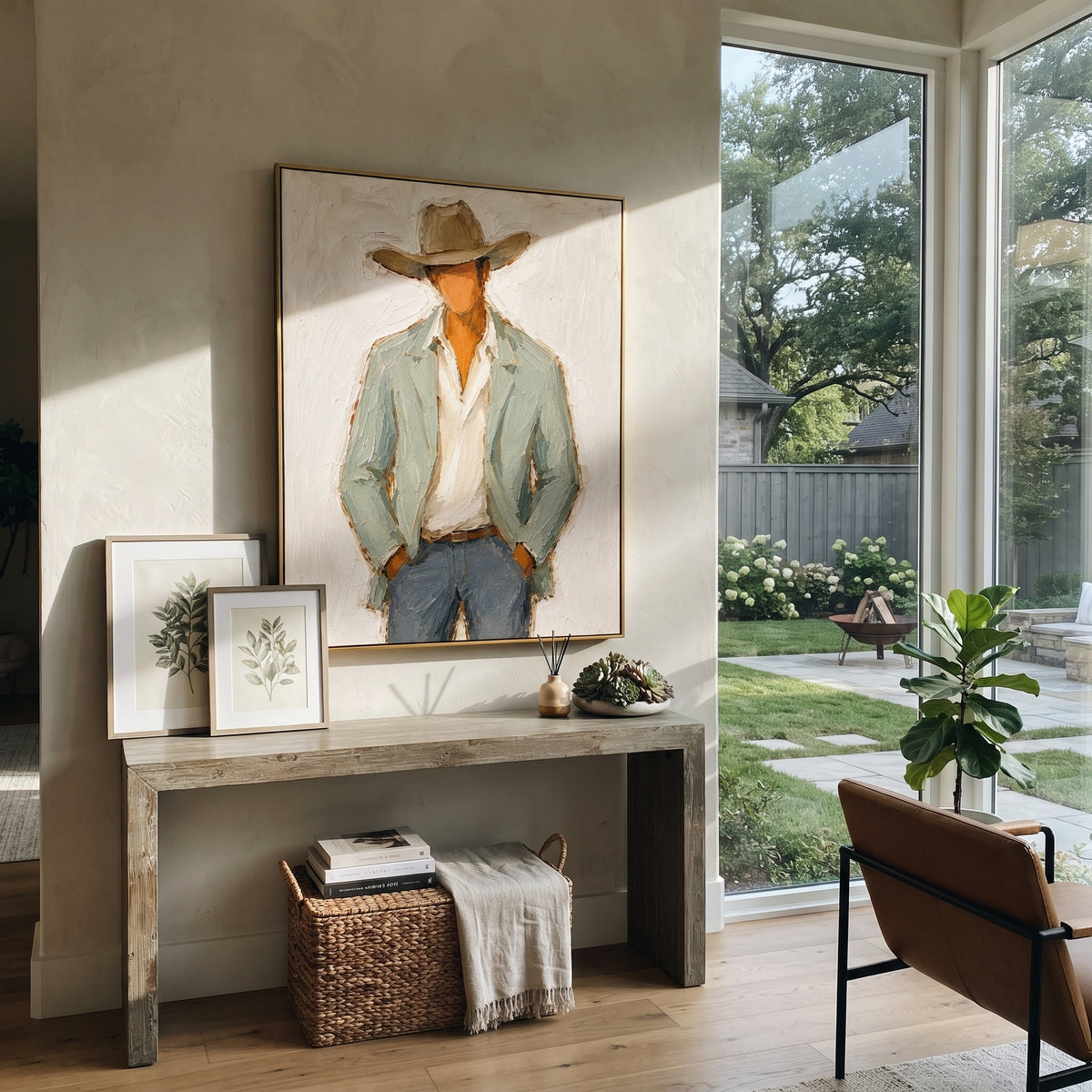 "Open Shirt Cowboy Portrait Painting" focuses on atmosphere, surface movement, and sculptural heavy impasto craftsmanship rather than a fixed literal storyline. The composition uses this hand-painted vertical canvas shows a close western figure in a broad tan hat, open cream shirt, pale sage jacket, and blue grey jeans as the visual anchor, while layered palette-knife paint, raised plaster-like texture, and softened brush movement create tactile depth across the canvas. Curated with a balanced