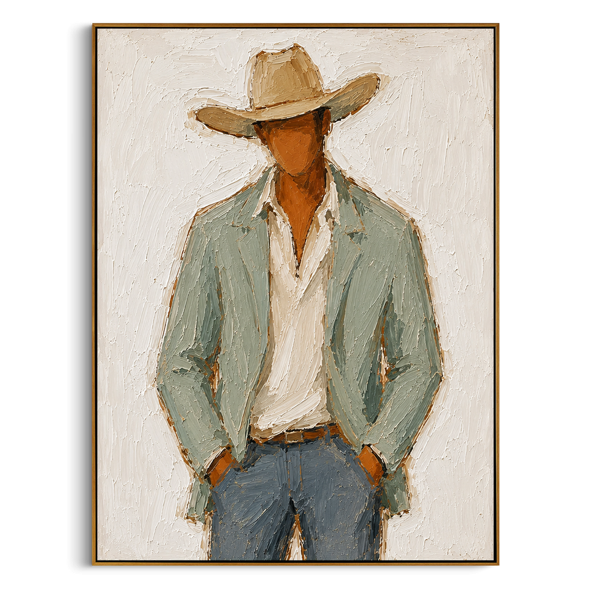 "Open Shirt Cowboy Portrait Painting" - Modern Heavy Impasto Western Animal Artwork | Green & Beige Palette Knife Painting | Luxury Vertical Wall Art #PT 1495