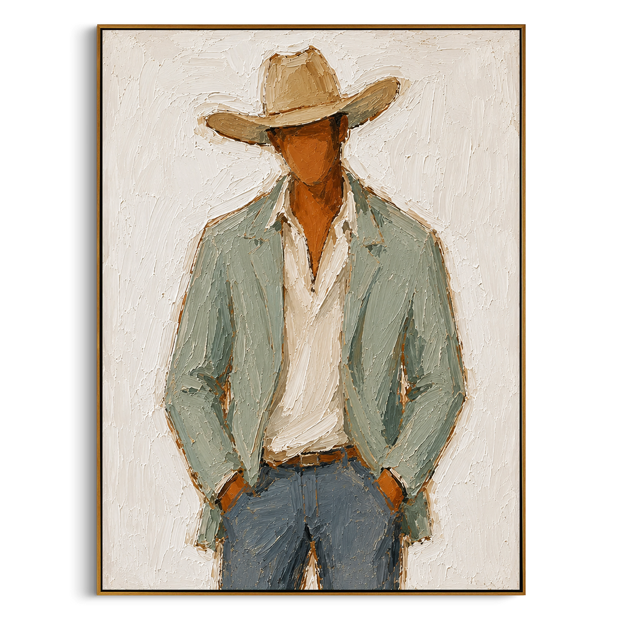 "Open Shirt Cowboy Portrait Painting" focuses on atmosphere, surface movement, and sculptural heavy impasto craftsmanship rather than a fixed literal storyline. The composition uses this hand-painted vertical canvas shows a close western figure in a broad tan hat, open cream shirt, pale sage jacket, and blue grey jeans as the visual anchor, while layered palette-knife paint, raised plaster-like texture, and softened brush movement create tactile depth across the canvas. Curated with a balanced