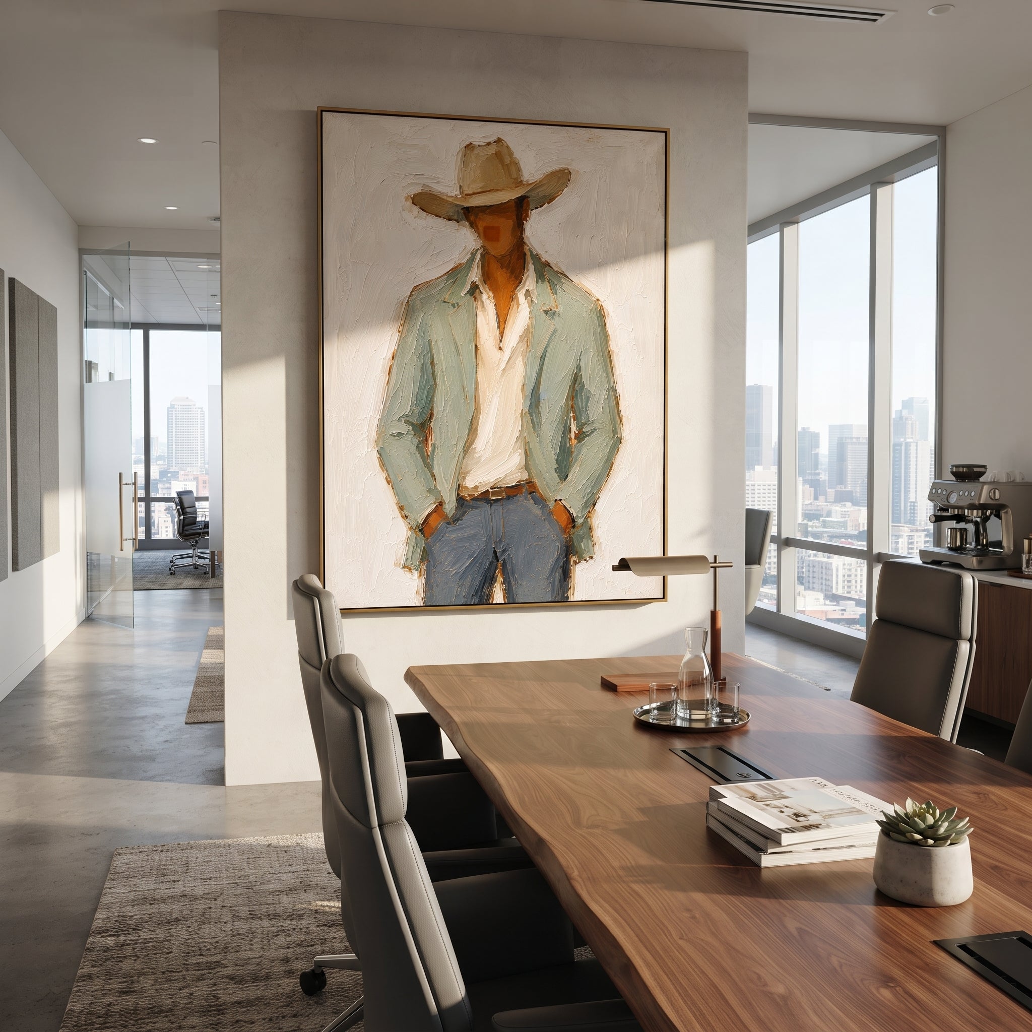 "Open Shirt Cowboy Portrait Painting" focuses on atmosphere, surface movement, and sculptural heavy impasto craftsmanship rather than a fixed literal storyline. The composition uses this hand-painted vertical canvas shows a close western figure in a broad tan hat, open cream shirt, pale sage jacket, and blue grey jeans as the visual anchor, while layered palette-knife paint, raised plaster-like texture, and softened brush movement create tactile depth across the canvas. Curated with a balanced