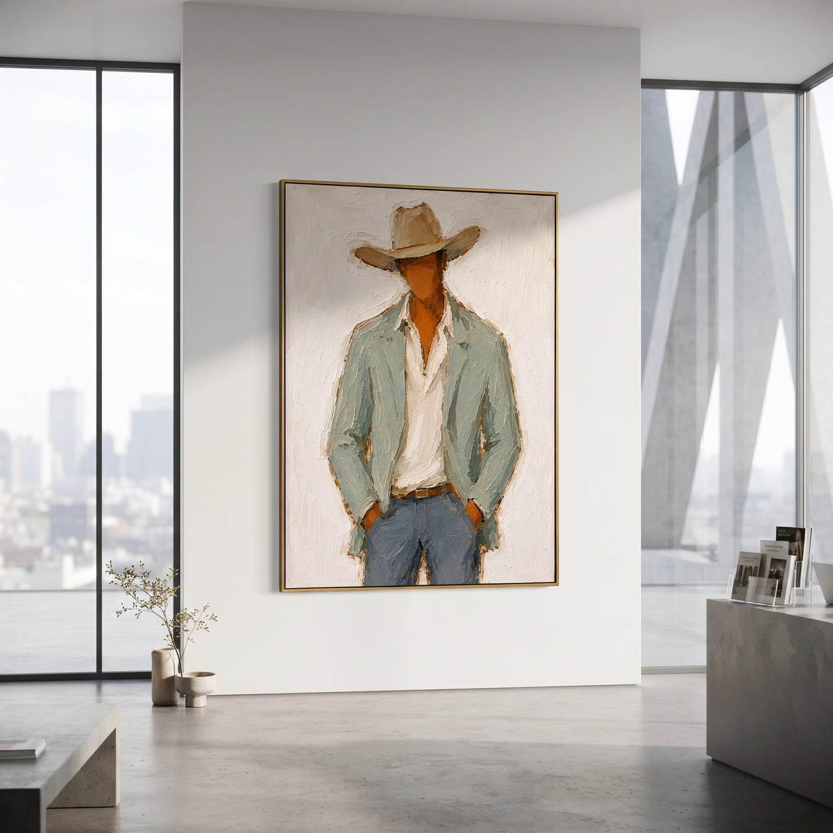 "Open Shirt Cowboy Portrait Painting" focuses on atmosphere, surface movement, and sculptural heavy impasto craftsmanship rather than a fixed literal storyline. The composition uses this hand-painted vertical canvas shows a close western figure in a broad tan hat, open cream shirt, pale sage jacket, and blue grey jeans as the visual anchor, while layered palette-knife paint, raised plaster-like texture, and softened brush movement create tactile depth across the canvas. Curated with a balanced