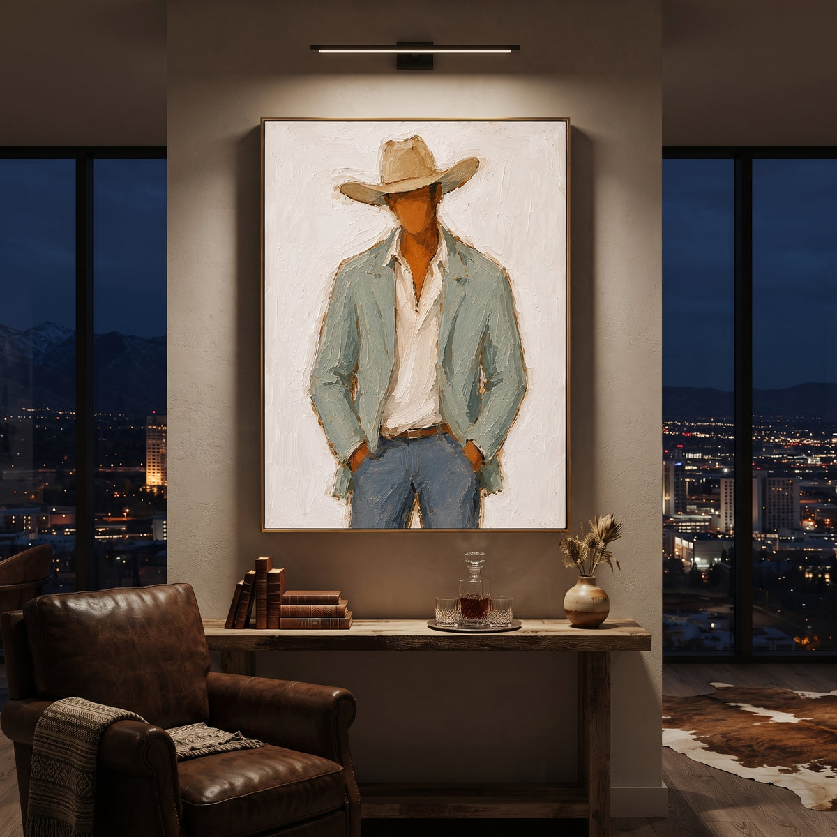 "Open Shirt Cowboy Portrait Painting" focuses on atmosphere, surface movement, and sculptural heavy impasto craftsmanship rather than a fixed literal storyline. The composition uses this hand-painted vertical canvas shows a close western figure in a broad tan hat, open cream shirt, pale sage jacket, and blue grey jeans as the visual anchor, while layered palette-knife paint, raised plaster-like texture, and softened brush movement create tactile depth across the canvas. Curated with a balanced