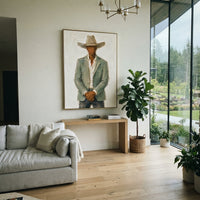 "Clasped Hands Cowboy Painting" focuses on atmosphere, surface movement, and sculptural heavy impasto craftsmanship rather than a fixed literal storyline. The composition uses this hand-painted vertical canvas depicts a cowboy standing with clasped hands, a soft tan hat, pale green jacket, white shirt, and dark grey trousers as the visual anchor, while layered palette-knife paint, raised plaster-like texture, and softened brush movement create tactile depth across the canvas. Curated with a