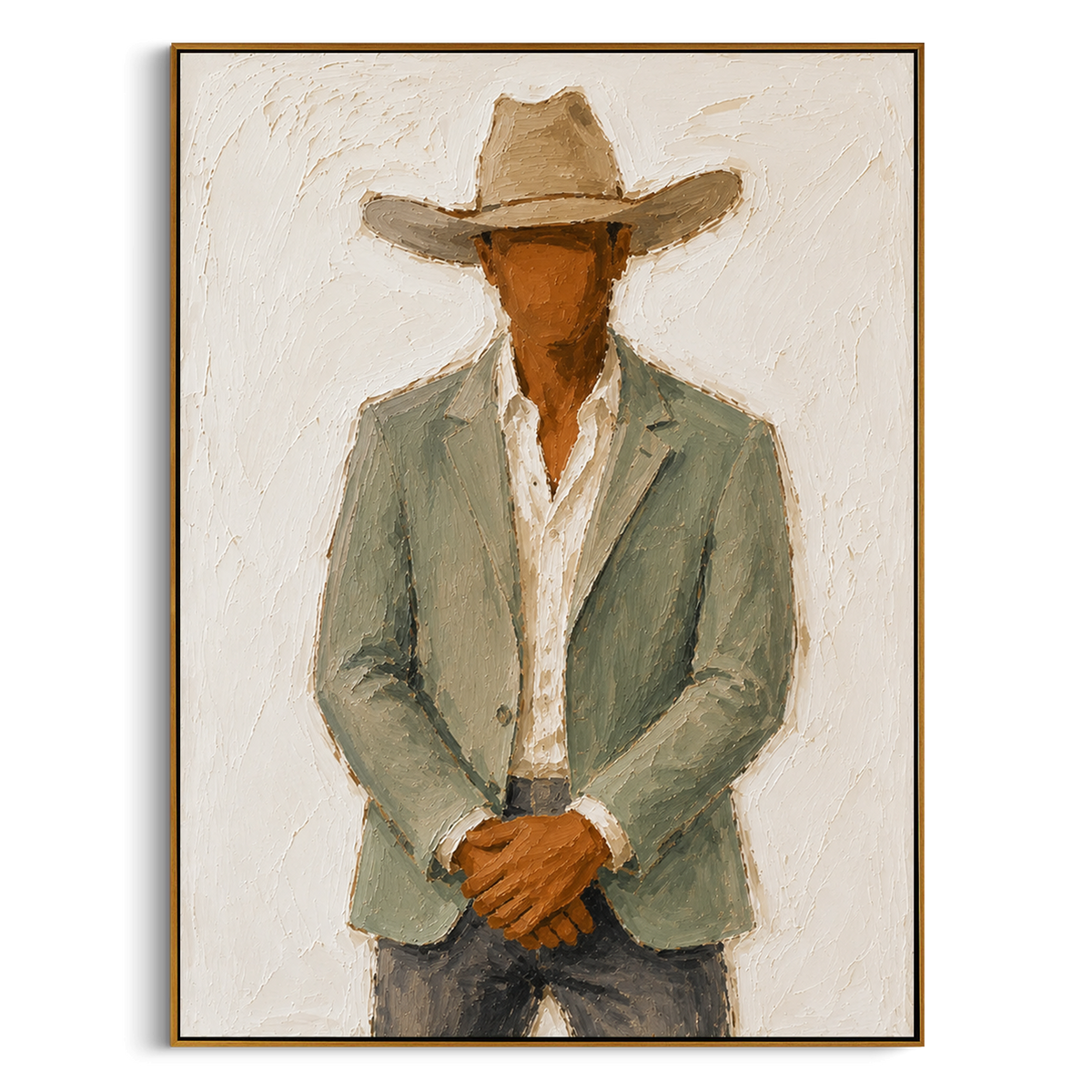 "Clasped Hands Cowboy Painting" focuses on atmosphere, surface movement, and sculptural heavy impasto craftsmanship rather than a fixed literal storyline. The composition uses this hand-painted vertical canvas depicts a cowboy standing with clasped hands, a soft tan hat, pale green jacket, white shirt, and dark grey trousers as the visual anchor, while layered palette-knife paint, raised plaster-like texture, and softened brush movement create tactile depth across the canvas. Curated with a