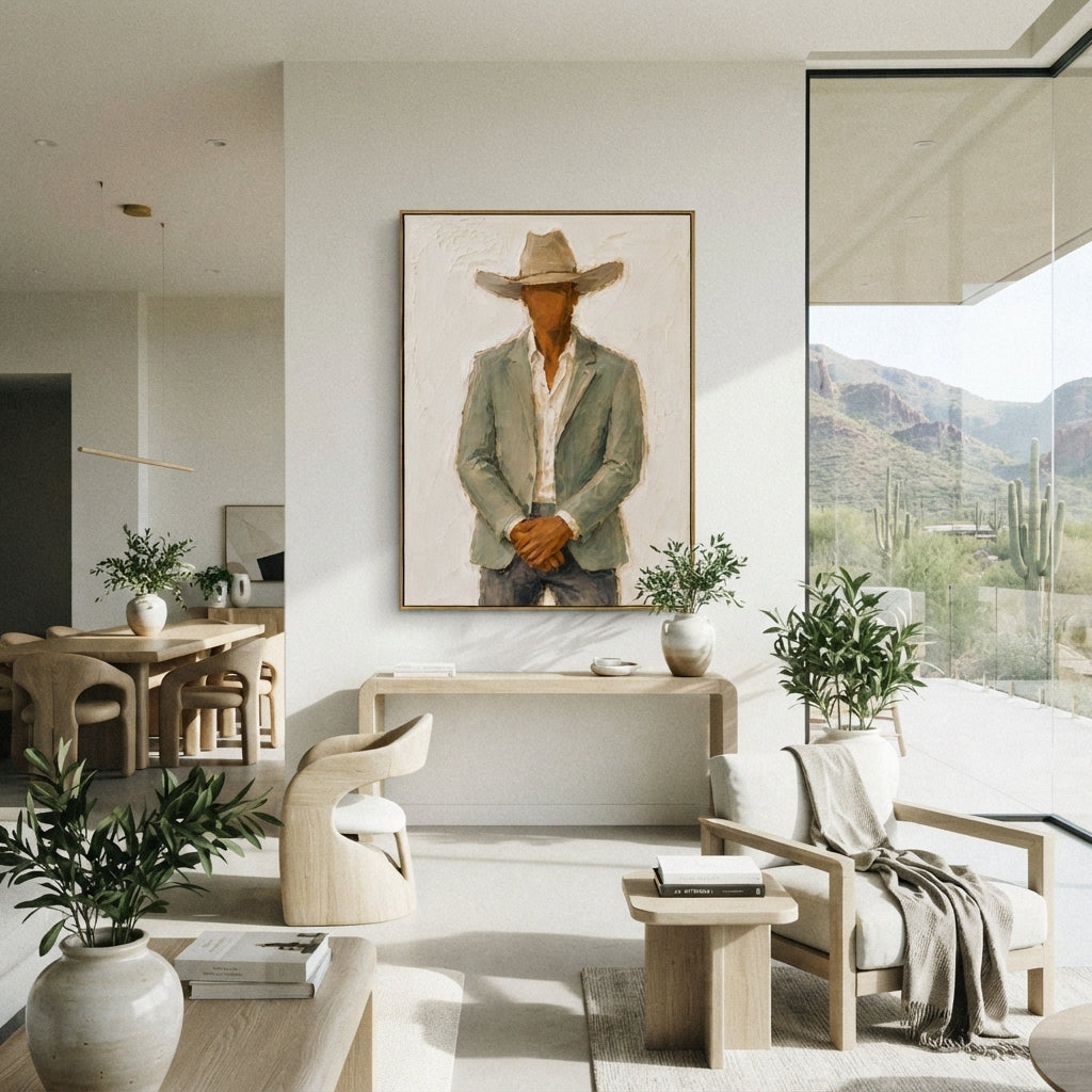 "Clasped Hands Cowboy Painting" focuses on atmosphere, surface movement, and sculptural heavy impasto craftsmanship rather than a fixed literal storyline. The composition uses this hand-painted vertical canvas depicts a cowboy standing with clasped hands, a soft tan hat, pale green jacket, white shirt, and dark grey trousers as the visual anchor, while layered palette-knife paint, raised plaster-like texture, and softened brush movement create tactile depth across the canvas. Curated with a