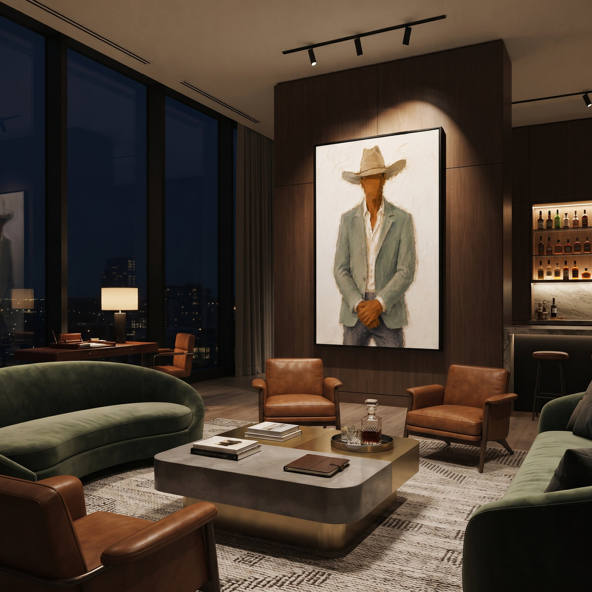 "Clasped Hands Cowboy Painting" focuses on atmosphere, surface movement, and sculptural heavy impasto craftsmanship rather than a fixed literal storyline. The composition uses this hand-painted vertical canvas depicts a cowboy standing with clasped hands, a soft tan hat, pale green jacket, white shirt, and dark grey trousers as the visual anchor, while layered palette-knife paint, raised plaster-like texture, and softened brush movement create tactile depth across the canvas. Curated with a