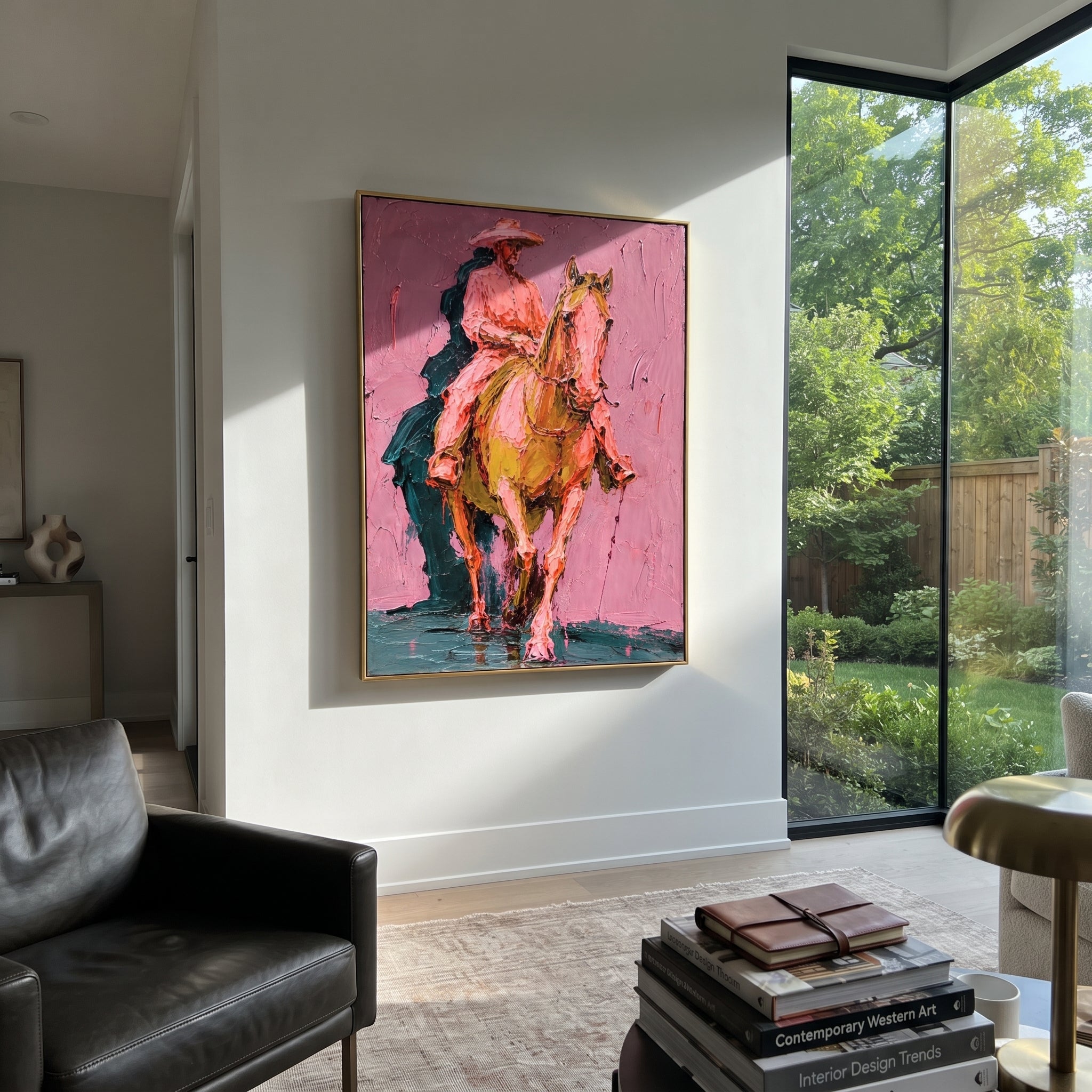 "Pink Western Rider Horse Painting" focuses on atmosphere, surface movement, and sculptural heavy impasto craftsmanship rather than a fixed literal storyline. The composition uses this hand-painted vertical canvas shows a western rider on a chestnut horse moving toward the viewer against a muted pink plaster background as the visual anchor, while layered palette-knife paint, raised plaster-like texture, and softened brush movement create tactile depth across the canvas. Curated with a balanced