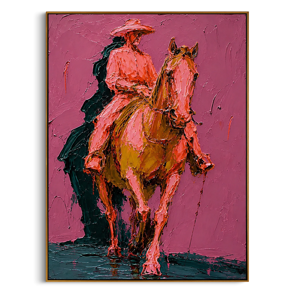 "Pink Western Rider Horse Painting" focuses on atmosphere, surface movement, and sculptural heavy impasto craftsmanship rather than a fixed literal storyline. The composition uses this hand-painted vertical canvas shows a western rider on a chestnut horse moving toward the viewer against a muted pink plaster background as the visual anchor, while layered palette-knife paint, raised plaster-like texture, and softened brush movement create tactile depth across the canvas. Curated with a balanced