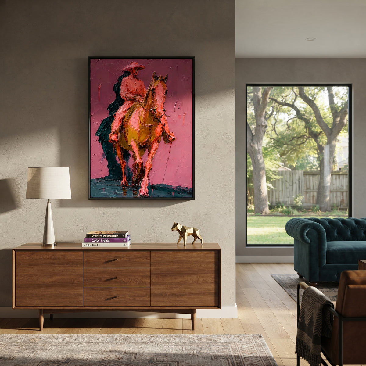 "Pink Western Rider Horse Painting" focuses on atmosphere, surface movement, and sculptural heavy impasto craftsmanship rather than a fixed literal storyline. The composition uses this hand-painted vertical canvas shows a western rider on a chestnut horse moving toward the viewer against a muted pink plaster background as the visual anchor, while layered palette-knife paint, raised plaster-like texture, and softened brush movement create tactile depth across the canvas. Curated with a balanced