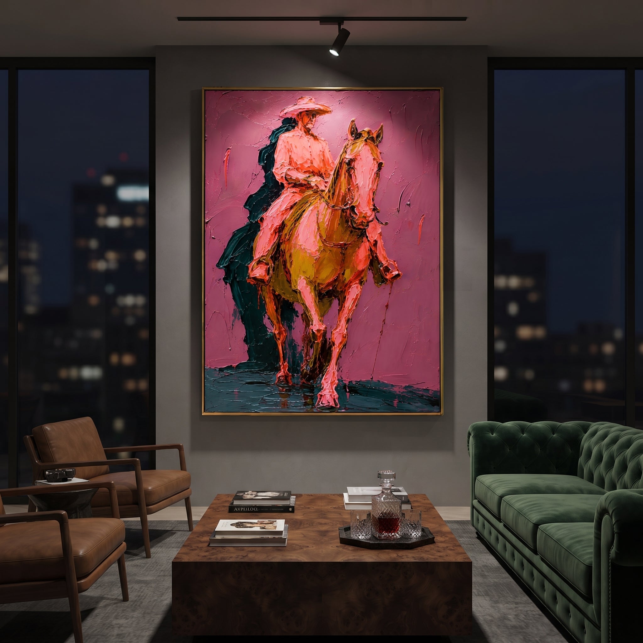 "Pink Western Rider Horse Painting" focuses on atmosphere, surface movement, and sculptural heavy impasto craftsmanship rather than a fixed literal storyline. The composition uses this hand-painted vertical canvas shows a western rider on a chestnut horse moving toward the viewer against a muted pink plaster background as the visual anchor, while layered palette-knife paint, raised plaster-like texture, and softened brush movement create tactile depth across the canvas. Curated with a balanced