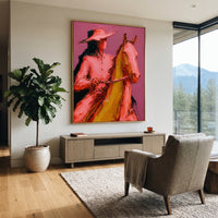 "Close Horse Cowboy Portrait Painting" focuses on atmosphere, surface movement, and sculptural heavy impasto craftsmanship rather than a fixed literal storyline. The composition uses this hand-painted vertical canvas presents a close view of a cowboy and horse, with the rider's pink shirt and wide hat pressed beside the horse's golden brown head as the visual anchor, while layered palette-knife paint, raised plaster-like texture, and softened brush movement create tactile depth across the