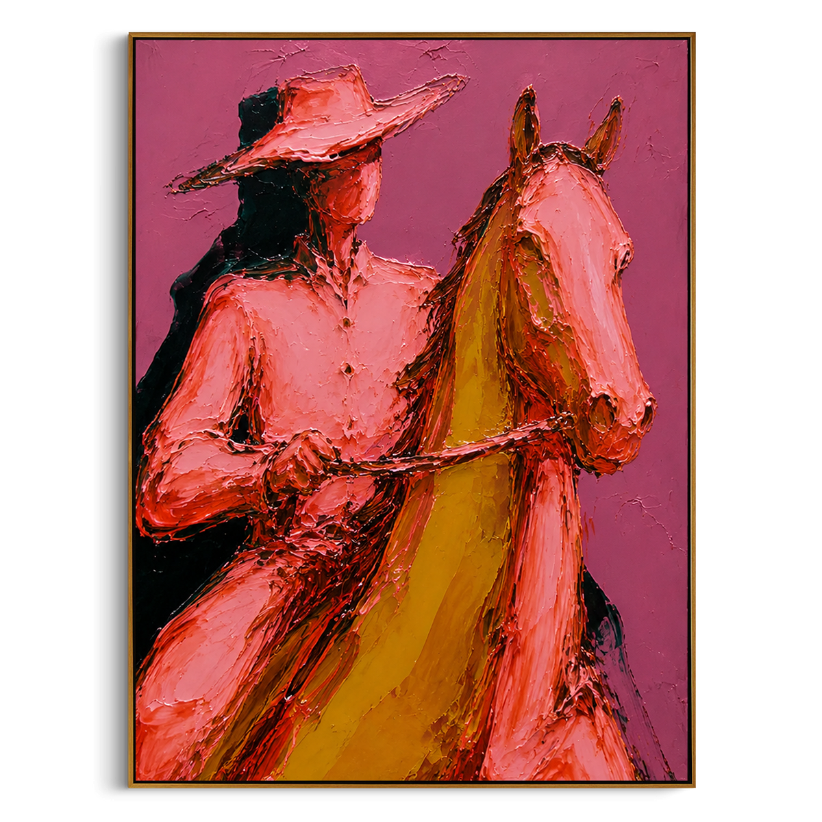 "Close Horse Cowboy Portrait Painting" - Modern Heavy Impasto Western Animal Artwork | Pink & Brown Palette Knife Painting | Luxury Vertical Wall Art #PT 1498
