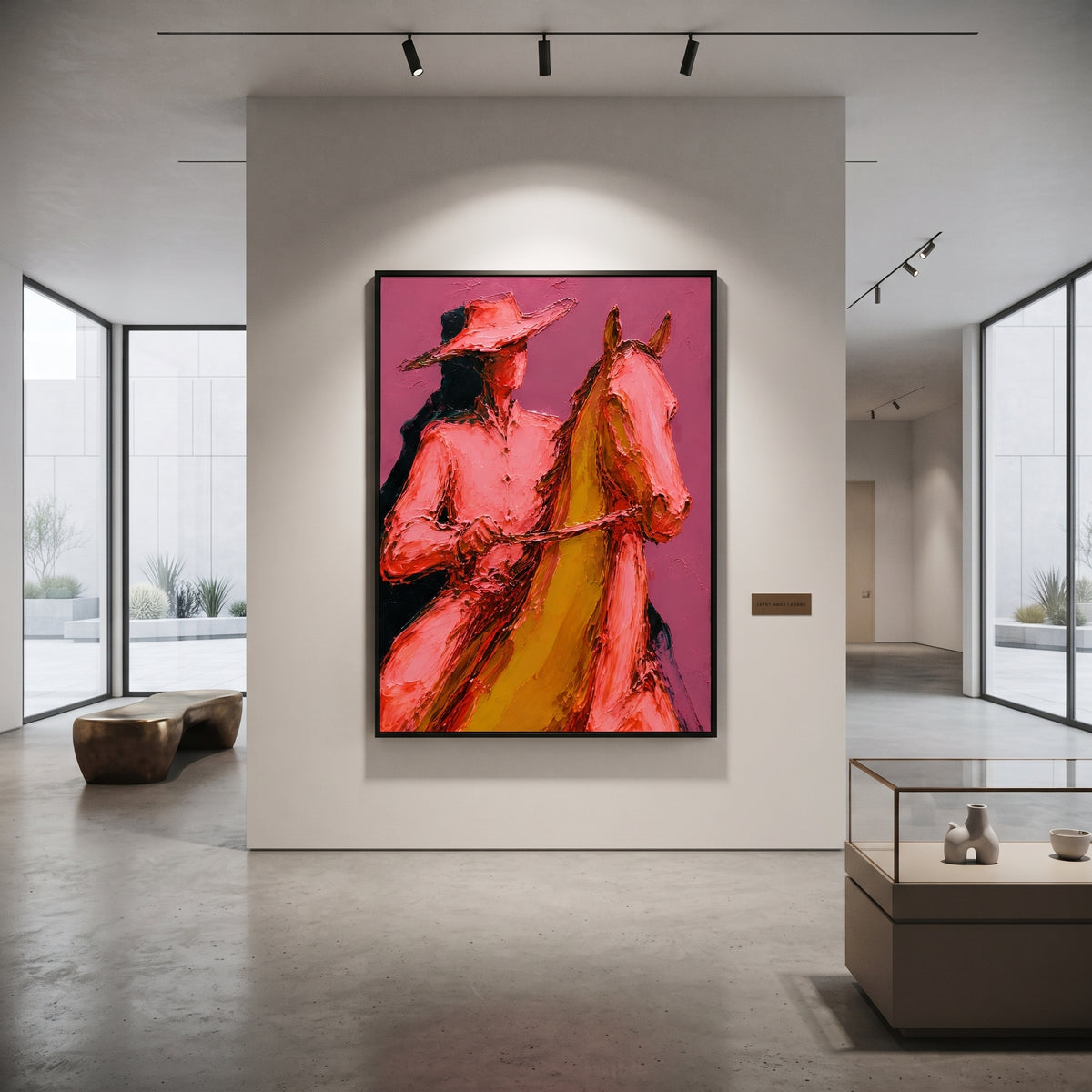 "Close Horse Cowboy Portrait Painting" focuses on atmosphere, surface movement, and sculptural heavy impasto craftsmanship rather than a fixed literal storyline. The composition uses this hand-painted vertical canvas presents a close view of a cowboy and horse, with the rider's pink shirt and wide hat pressed beside the horse's golden brown head as the visual anchor, while layered palette-knife paint, raised plaster-like texture, and softened brush movement create tactile depth across the