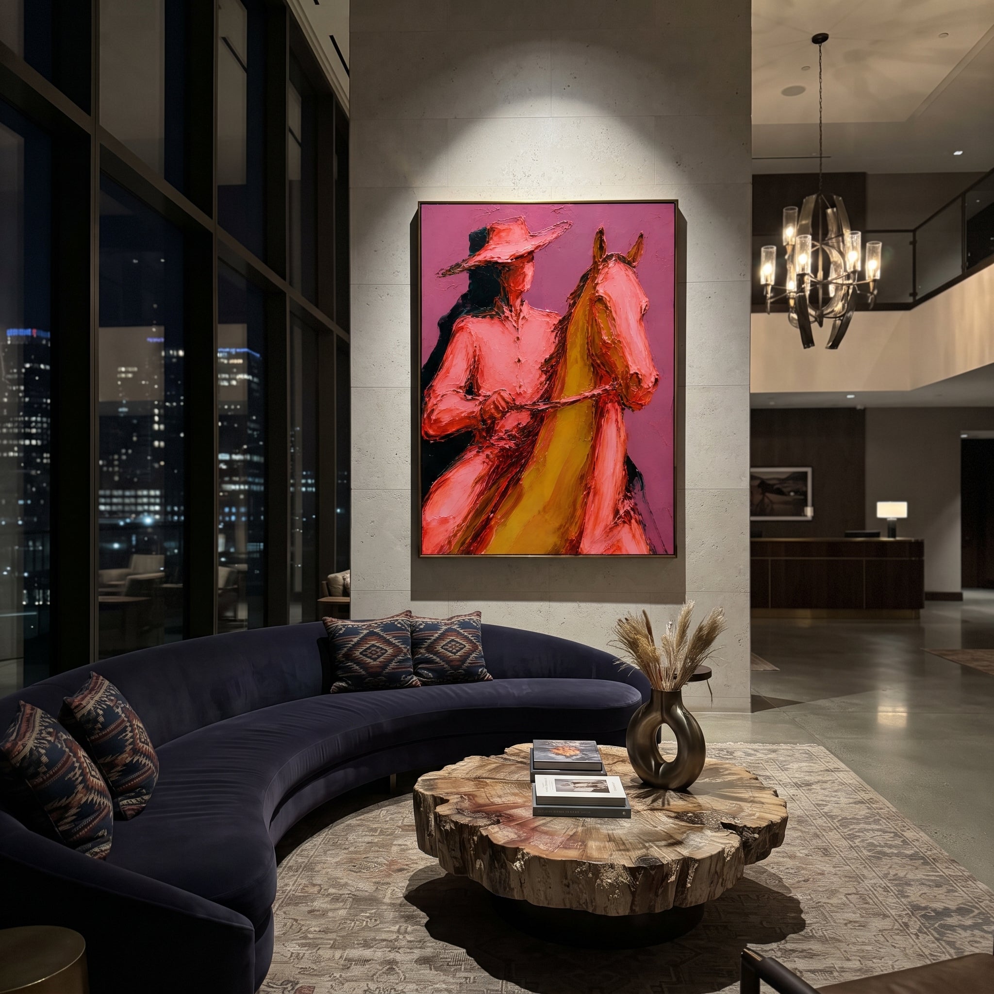 "Close Horse Cowboy Portrait Painting" focuses on atmosphere, surface movement, and sculptural heavy impasto craftsmanship rather than a fixed literal storyline. The composition uses this hand-painted vertical canvas presents a close view of a cowboy and horse, with the rider's pink shirt and wide hat pressed beside the horse's golden brown head as the visual anchor, while layered palette-knife paint, raised plaster-like texture, and softened brush movement create tactile depth across the