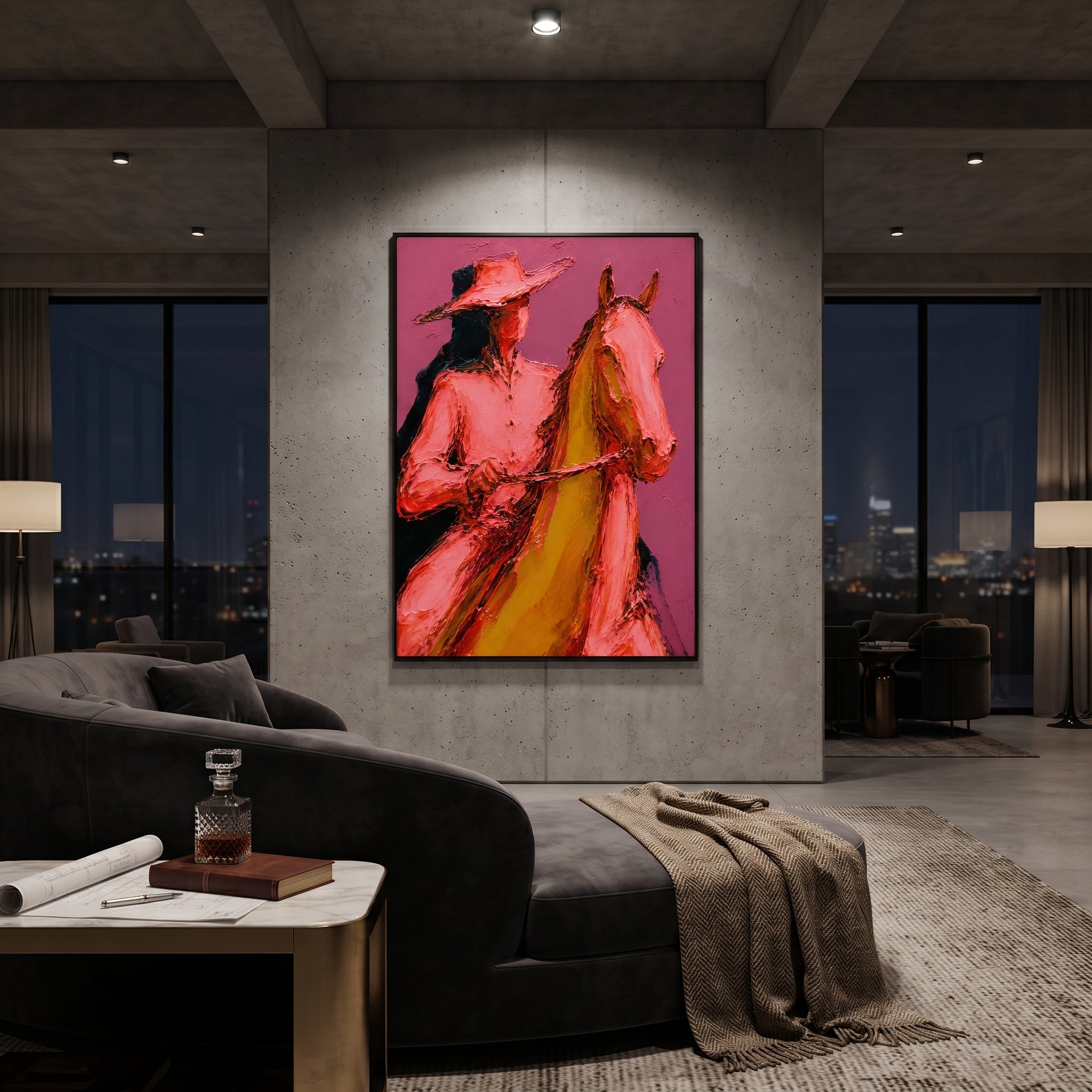 "Close Horse Cowboy Portrait Painting" focuses on atmosphere, surface movement, and sculptural heavy impasto craftsmanship rather than a fixed literal storyline. The composition uses this hand-painted vertical canvas presents a close view of a cowboy and horse, with the rider's pink shirt and wide hat pressed beside the horse's golden brown head as the visual anchor, while layered palette-knife paint, raised plaster-like texture, and softened brush movement create tactile depth across the