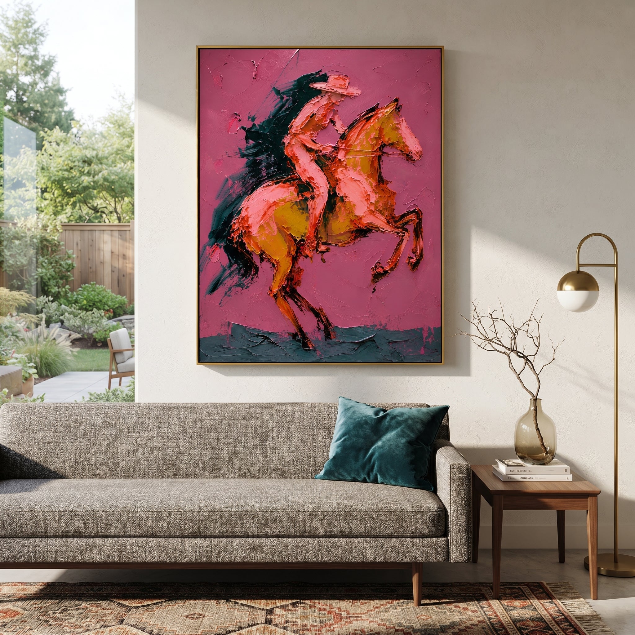 "Rearing Pink Cowboy Horse Painting" focuses on atmosphere, surface movement, and sculptural heavy impasto craftsmanship rather than a fixed literal storyline. The composition uses this hand-painted vertical canvas captures a cowboy riding a rearing horse on a pink textured ground as the visual anchor, while layered palette-knife paint, raised plaster-like texture, and softened brush movement create tactile depth across the canvas. Curated with a balanced pink, brown, orange palette, the artwork