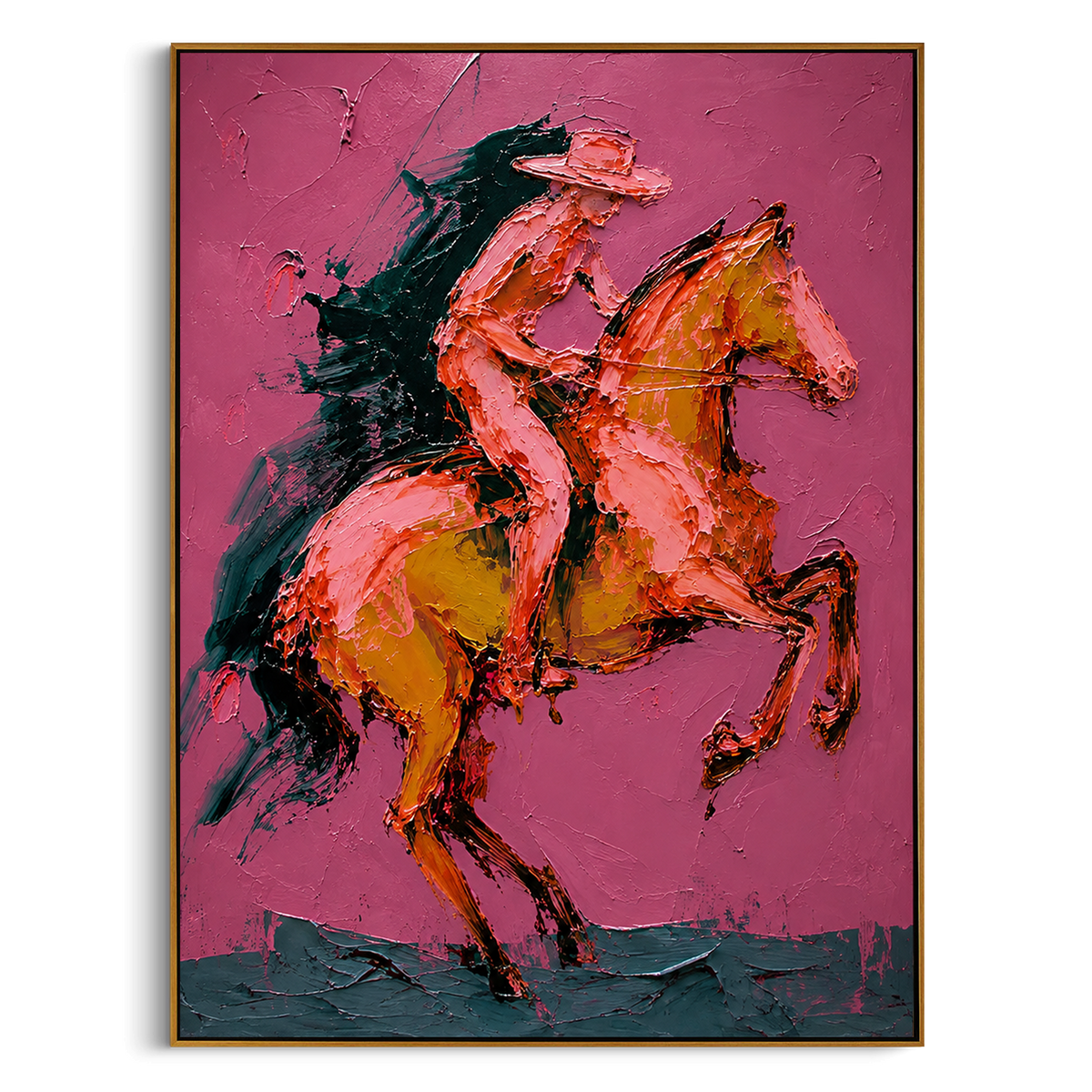 "Rearing Pink Cowboy Horse Painting" - Modern Heavy Impasto Western Animal Artwork | Pink & Brown Palette Knife Painting | Luxury Vertical Wall Art #PT 1499