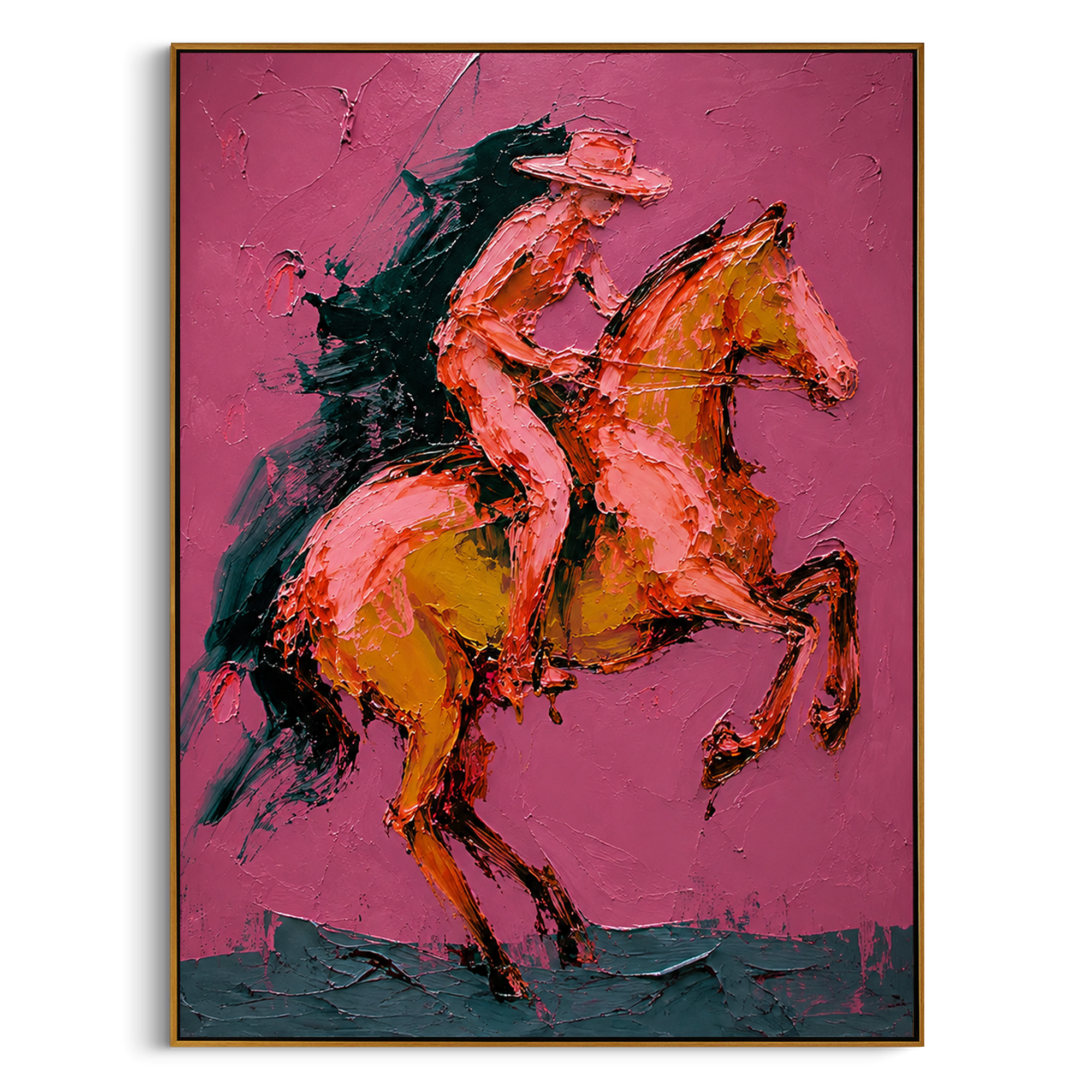 "Rearing Pink Cowboy Horse Painting" focuses on atmosphere, surface movement, and sculptural heavy impasto craftsmanship rather than a fixed literal storyline. The composition uses this hand-painted vertical canvas captures a cowboy riding a rearing horse on a pink textured ground as the visual anchor, while layered palette-knife paint, raised plaster-like texture, and softened brush movement create tactile depth across the canvas. Curated with a balanced pink, brown, orange palette, the artwork