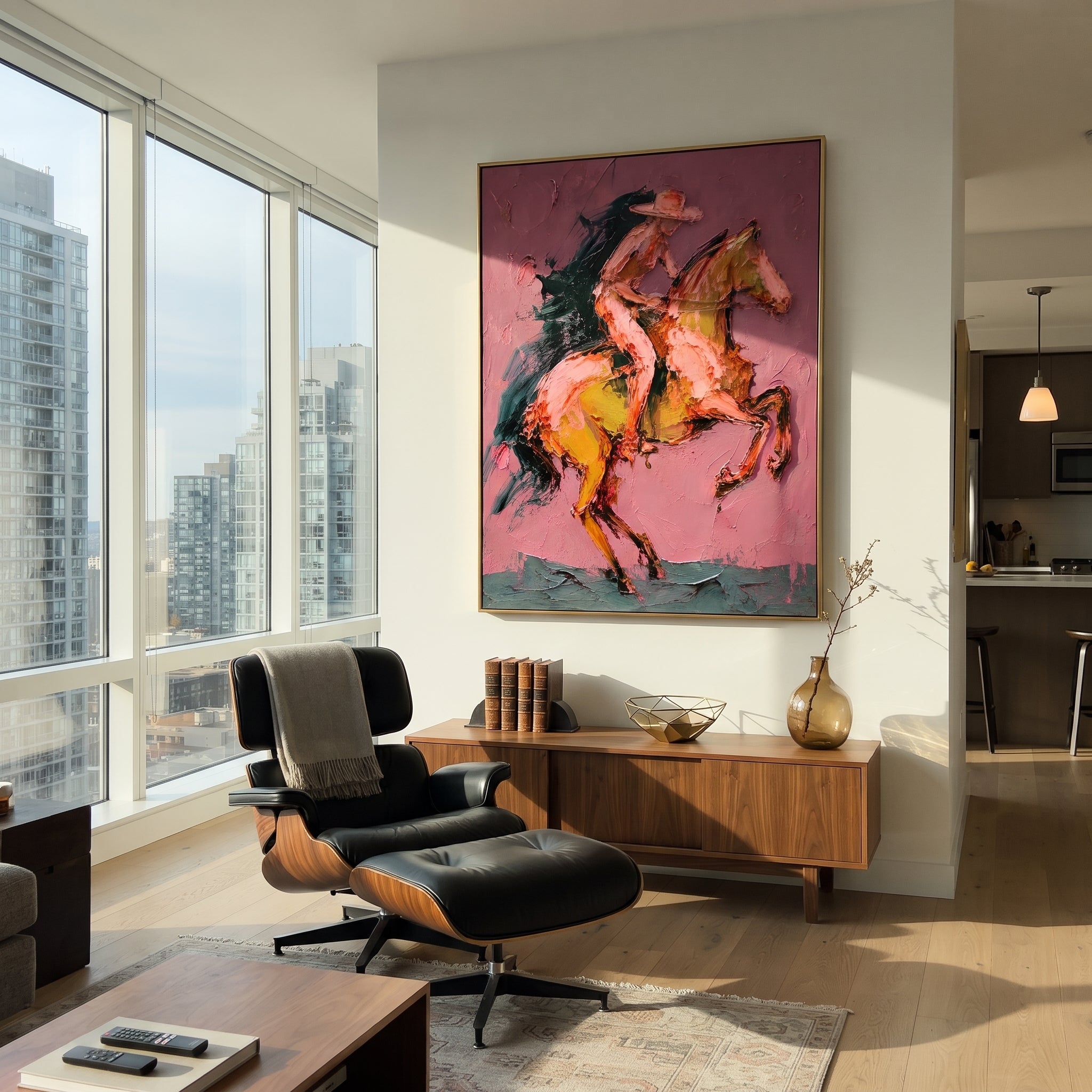"Rearing Pink Cowboy Horse Painting" focuses on atmosphere, surface movement, and sculptural heavy impasto craftsmanship rather than a fixed literal storyline. The composition uses this hand-painted vertical canvas captures a cowboy riding a rearing horse on a pink textured ground as the visual anchor, while layered palette-knife paint, raised plaster-like texture, and softened brush movement create tactile depth across the canvas. Curated with a balanced pink, brown, orange palette, the artwork