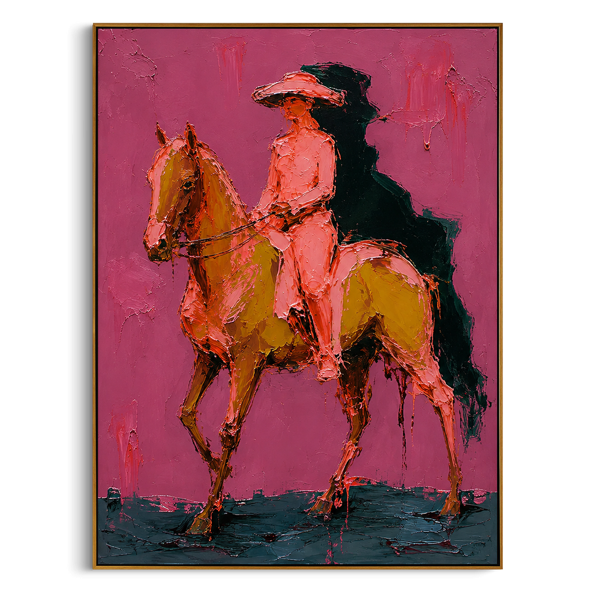 "Side Riding Cowboy Horse Painting" - Modern Heavy Impasto Western Animal Artwork | Pink & Brown Palette Knife Painting | Luxury Vertical Wall Art #PT 1500