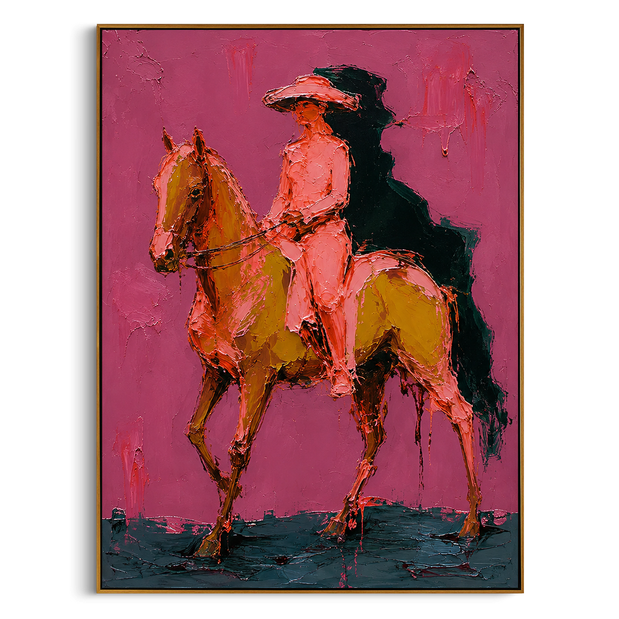 "Side Riding Cowboy Horse Painting" focuses on atmosphere, surface movement, and sculptural heavy impasto craftsmanship rather than a fixed literal storyline. The composition uses this hand-painted vertical canvas shows a cowboy riding in profile on a golden brown horse across a rose pink background as the visual anchor, while layered palette-knife paint, raised plaster-like texture, and softened brush movement create tactile depth across the canvas. Curated with a balanced pink, brown, green