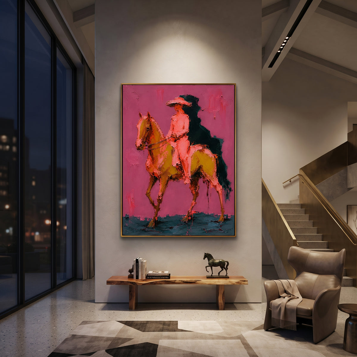 "Side Riding Cowboy Horse Painting" focuses on atmosphere, surface movement, and sculptural heavy impasto craftsmanship rather than a fixed literal storyline. The composition uses this hand-painted vertical canvas shows a cowboy riding in profile on a golden brown horse across a rose pink background as the visual anchor, while layered palette-knife paint, raised plaster-like texture, and softened brush movement create tactile depth across the canvas. Curated with a balanced pink, brown, green
