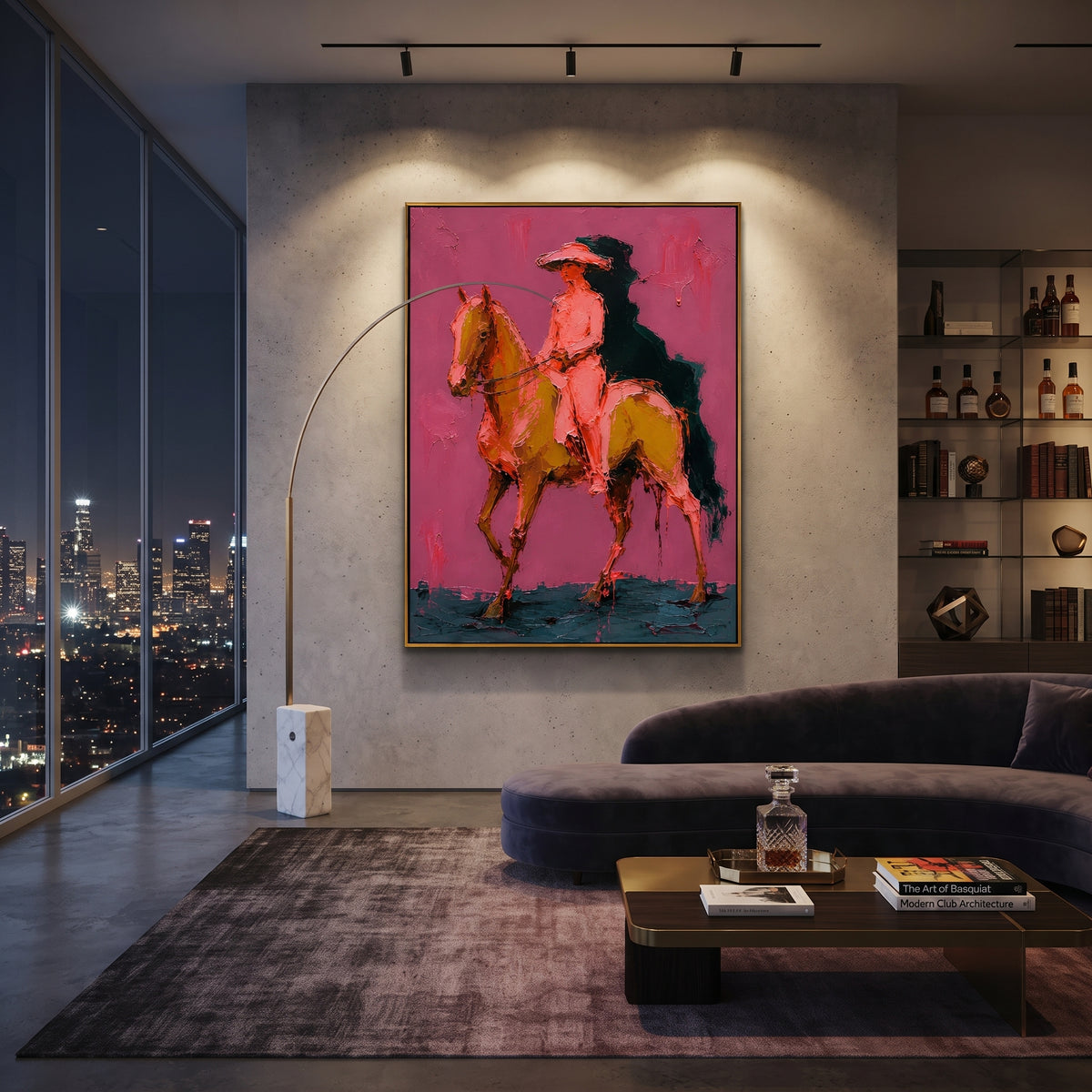 "Side Riding Cowboy Horse Painting" focuses on atmosphere, surface movement, and sculptural heavy impasto craftsmanship rather than a fixed literal storyline. The composition uses this hand-painted vertical canvas shows a cowboy riding in profile on a golden brown horse across a rose pink background as the visual anchor, while layered palette-knife paint, raised plaster-like texture, and softened brush movement create tactile depth across the canvas. Curated with a balanced pink, brown, green
