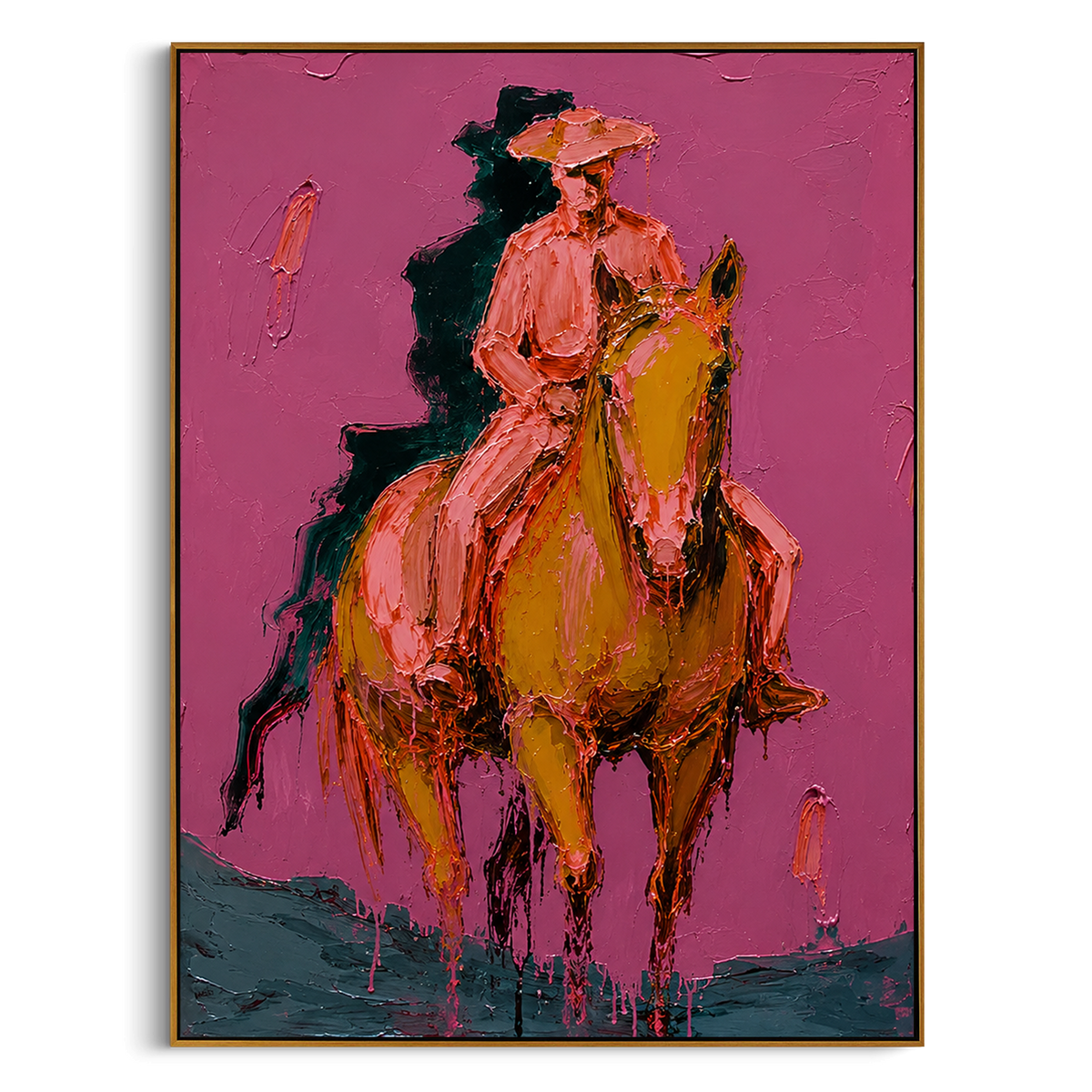 "Front Riding Pink Horse Painting" - Modern Heavy Impasto Western Animal Artwork | Pink & Brown Palette Knife Painting | Luxury Vertical Wall Art #PT 1501