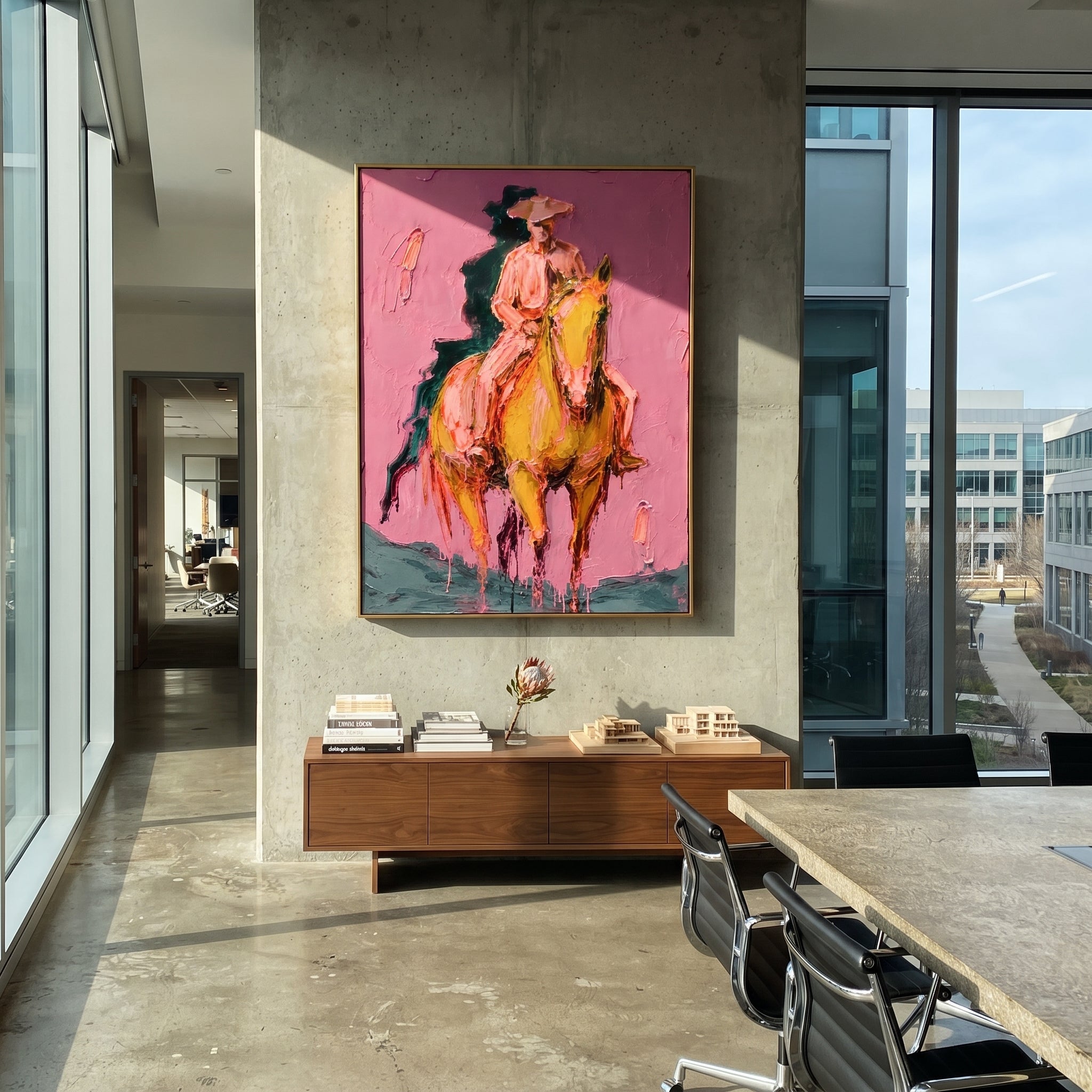 "Front Riding Pink Horse Painting" focuses on atmosphere, surface movement, and sculptural heavy impasto craftsmanship rather than a fixed literal storyline. The composition uses this hand-painted vertical canvas features a cowboy riding a golden brown horse toward the viewer, set against a textured pink wall with dark teal shadow strokes as the visual anchor, while layered palette-knife paint, raised plaster-like texture, and softened brush movement create tactile depth across the canvas.
