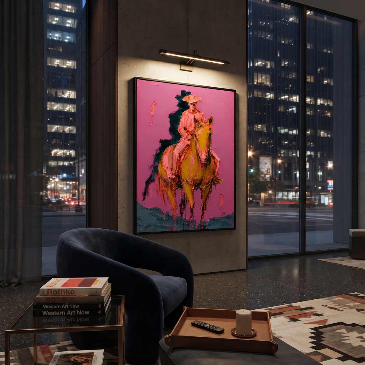 "Front Riding Pink Horse Painting" focuses on atmosphere, surface movement, and sculptural heavy impasto craftsmanship rather than a fixed literal storyline. The composition uses this hand-painted vertical canvas features a cowboy riding a golden brown horse toward the viewer, set against a textured pink wall with dark teal shadow strokes as the visual anchor, while layered palette-knife paint, raised plaster-like texture, and softened brush movement create tactile depth across the canvas.