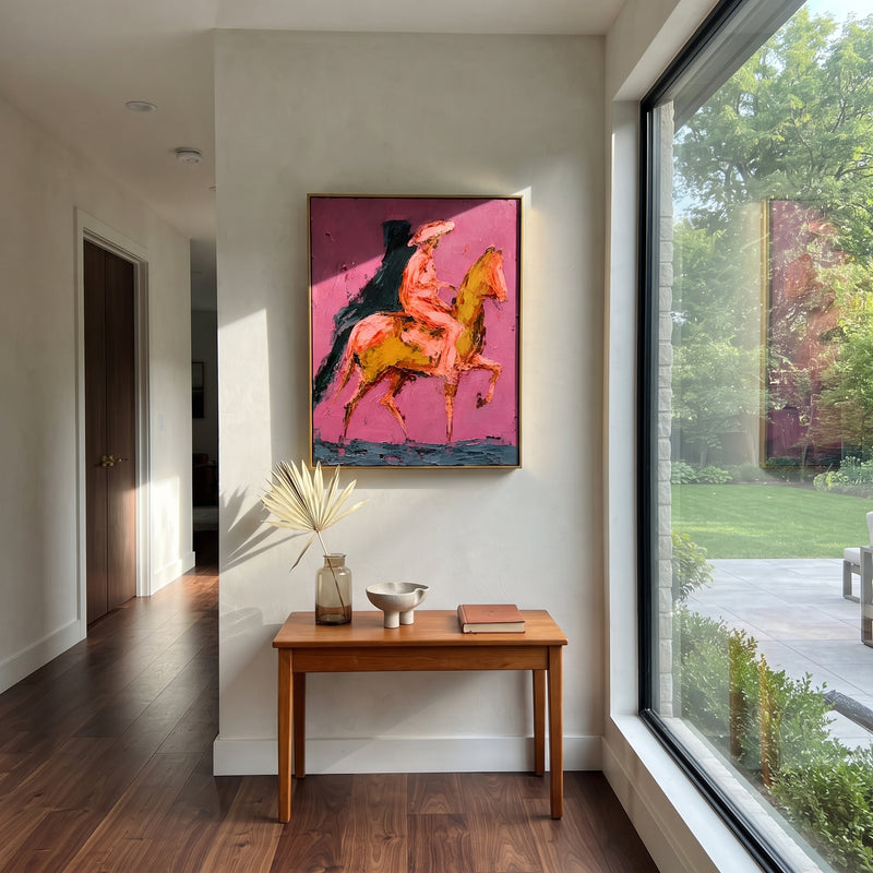 "Side Profile Pink Rider Painting" - Modern Heavy Impasto Western Animal Artwork | Pink & Brown Palette Knife Painting | Luxury Vertical Wall Art #PT 1502