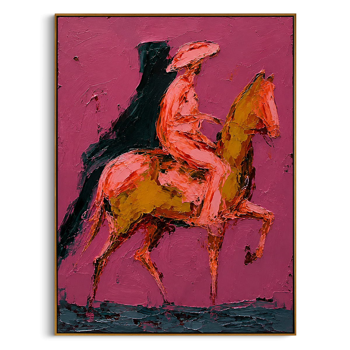 "Side Profile Pink Rider Painting" focuses on atmosphere, surface movement, and sculptural heavy impasto craftsmanship rather than a fixed literal storyline. The composition uses this hand-painted vertical canvas shows a side-profile cowboy riding a golden brown horse on a deep pink textured ground as the visual anchor, while layered palette-knife paint, raised plaster-like texture, and softened brush movement create tactile depth across the canvas. Curated with a balanced pink, brown, green