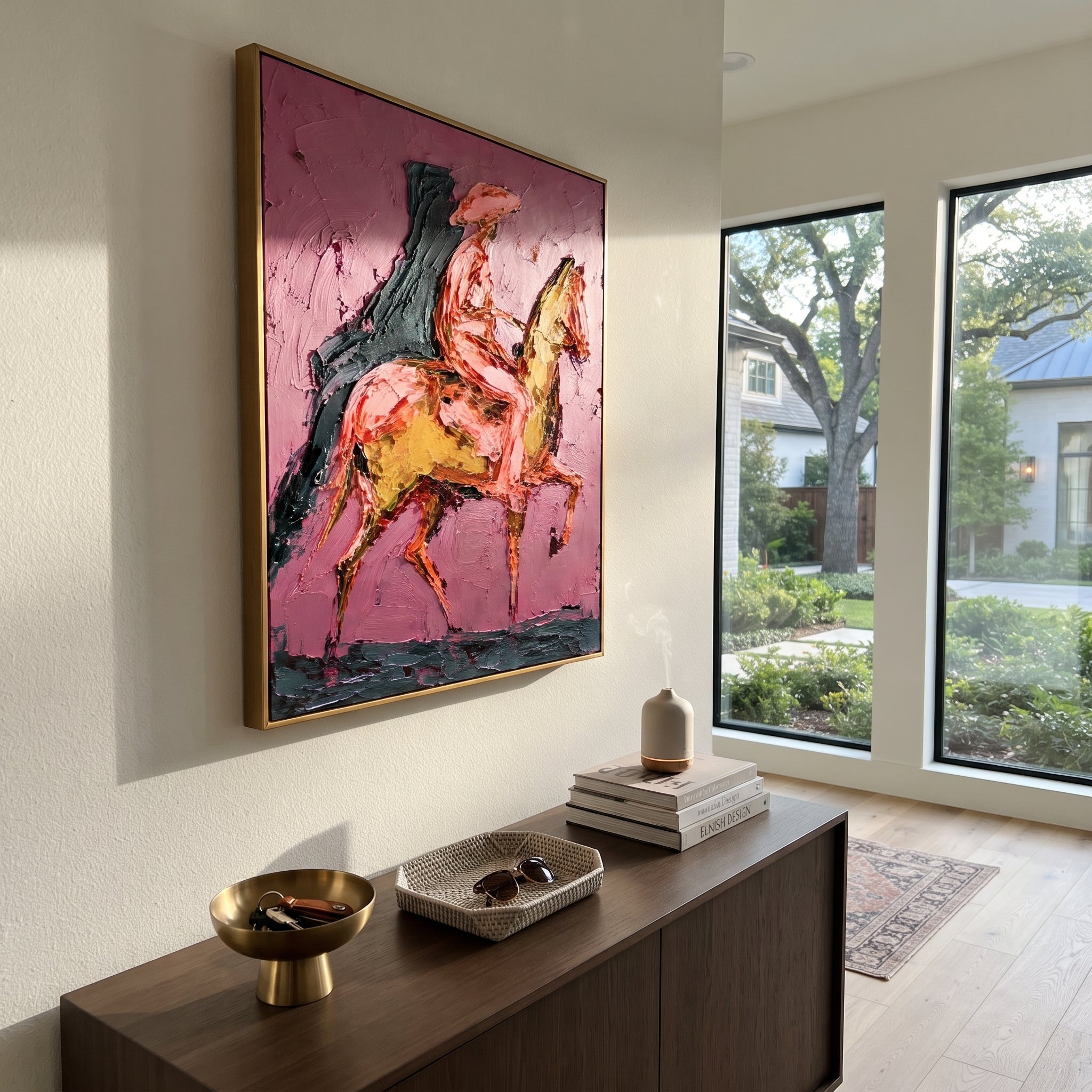 "Side Profile Pink Rider Painting" focuses on atmosphere, surface movement, and sculptural heavy impasto craftsmanship rather than a fixed literal storyline. The composition uses this hand-painted vertical canvas shows a side-profile cowboy riding a golden brown horse on a deep pink textured ground as the visual anchor, while layered palette-knife paint, raised plaster-like texture, and softened brush movement create tactile depth across the canvas. Curated with a balanced pink, brown, green