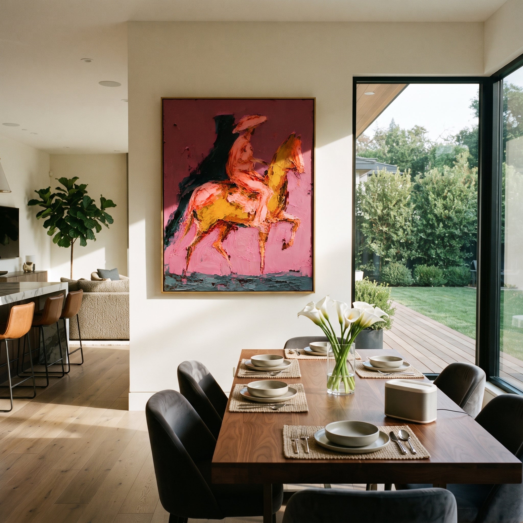 "Side Profile Pink Rider Painting" focuses on atmosphere, surface movement, and sculptural heavy impasto craftsmanship rather than a fixed literal storyline. The composition uses this hand-painted vertical canvas shows a side-profile cowboy riding a golden brown horse on a deep pink textured ground as the visual anchor, while layered palette-knife paint, raised plaster-like texture, and softened brush movement create tactile depth across the canvas. Curated with a balanced pink, brown, green