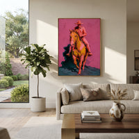 "Forward Cowboy Horse Painting" focuses on atmosphere, surface movement, and sculptural heavy impasto craftsmanship rather than a fixed literal storyline. The composition uses this hand-painted vertical canvas presents a cowboy and horse turning forward against a rose pink wall, with the rider set high above a golden brown horse as the visual anchor, while layered palette-knife paint, raised plaster-like texture, and softened brush movement create tactile depth across the canvas. Curated with a