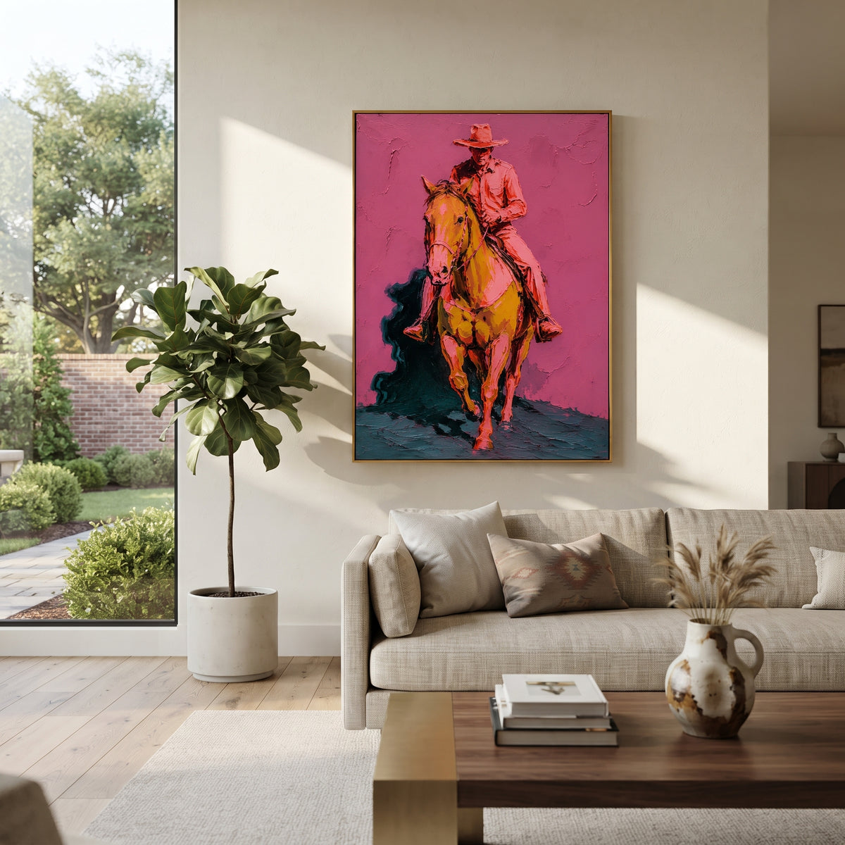 "Forward Cowboy Horse Painting" focuses on atmosphere, surface movement, and sculptural heavy impasto craftsmanship rather than a fixed literal storyline. The composition uses this hand-painted vertical canvas presents a cowboy and horse turning forward against a rose pink wall, with the rider set high above a golden brown horse as the visual anchor, while layered palette-knife paint, raised plaster-like texture, and softened brush movement create tactile depth across the canvas. Curated with a