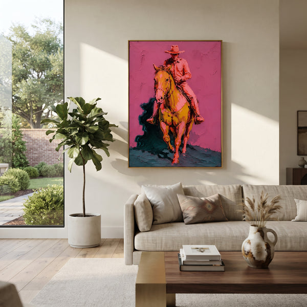 "Forward Cowboy Horse Painting" - Modern Heavy Impasto Western Animal Artwork | Pink & Brown Palette Knife Painting | Luxury Vertical Wall Art #PT 1503