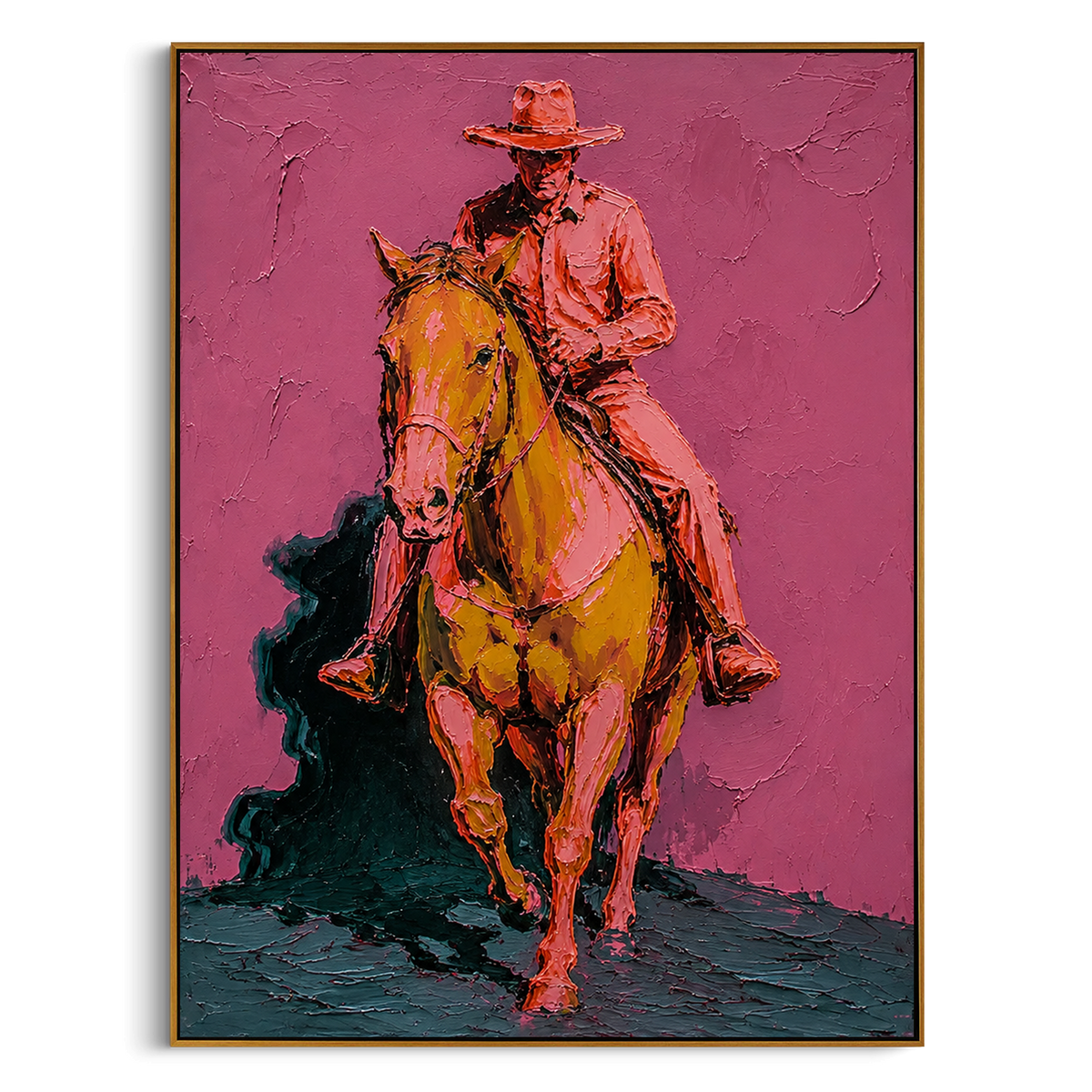 "Forward Cowboy Horse Painting" - Modern Heavy Impasto Western Animal Artwork | Pink & Brown Palette Knife Painting | Luxury Vertical Wall Art #PT 1503