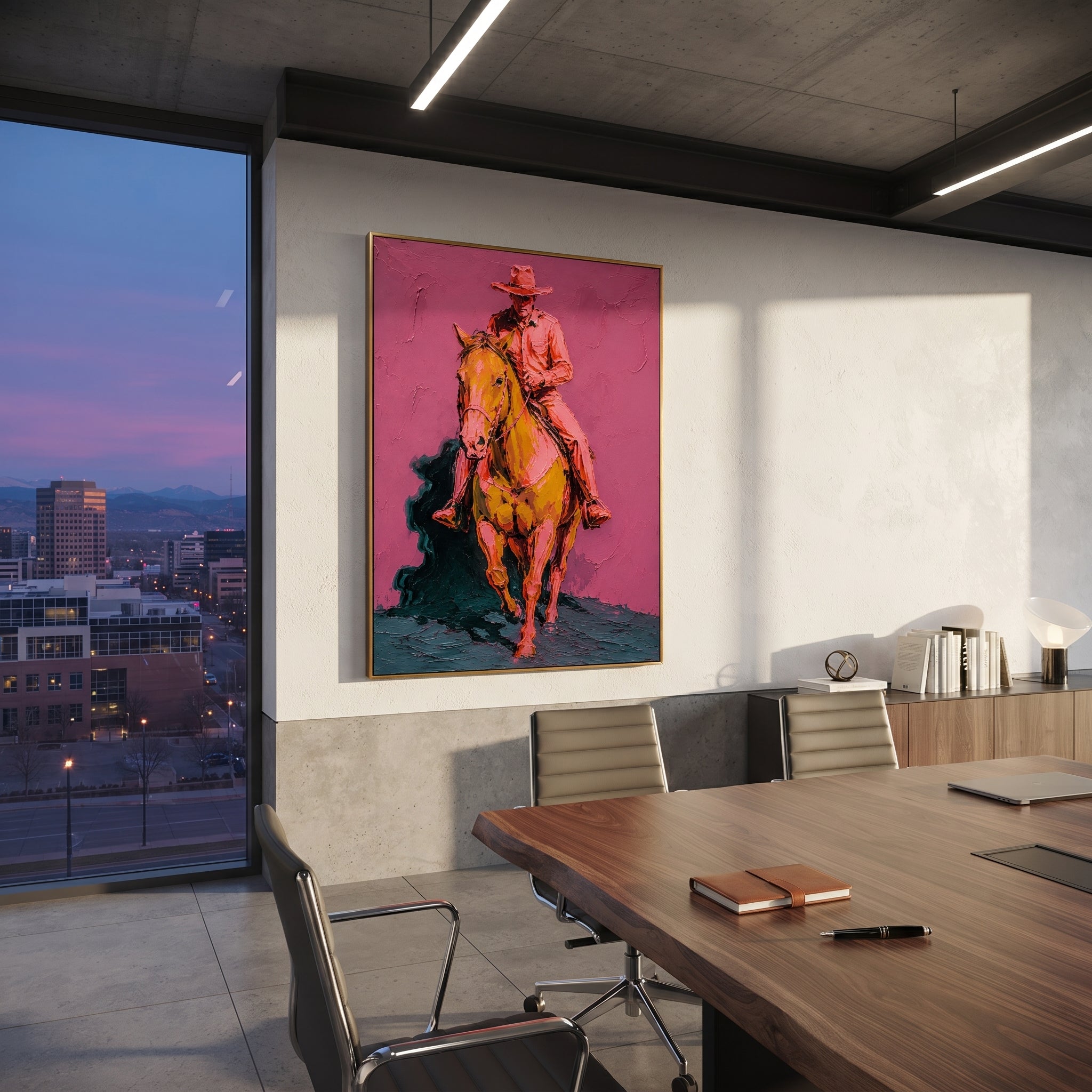 "Forward Cowboy Horse Painting" focuses on atmosphere, surface movement, and sculptural heavy impasto craftsmanship rather than a fixed literal storyline. The composition uses this hand-painted vertical canvas presents a cowboy and horse turning forward against a rose pink wall, with the rider set high above a golden brown horse as the visual anchor, while layered palette-knife paint, raised plaster-like texture, and softened brush movement create tactile depth across the canvas. Curated with a